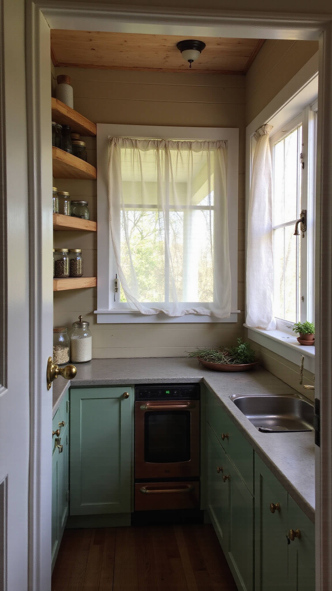 Cozy U-shaped cabin kitchen with sage green cabinetry, copper stove, floating shelves, and morning light filtering through misty window.