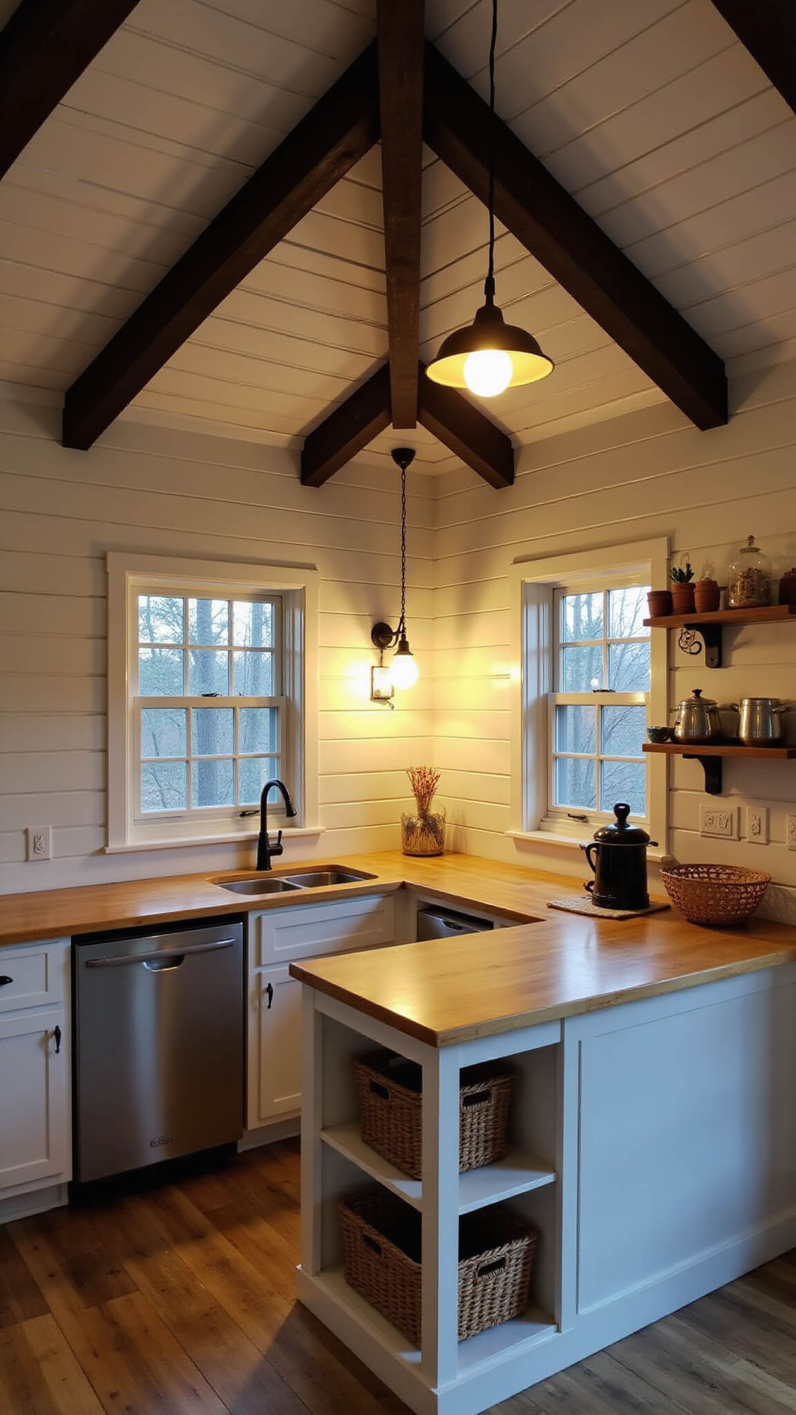 Cozy 10x12ft cabin kitchen corner at dusk with bamboo countertops, black iron pendant lights, white shiplap walls, dark timber beams, stainless steel fridge, vintage ladder pot rack, and woven basket storage in L-shaped layout.