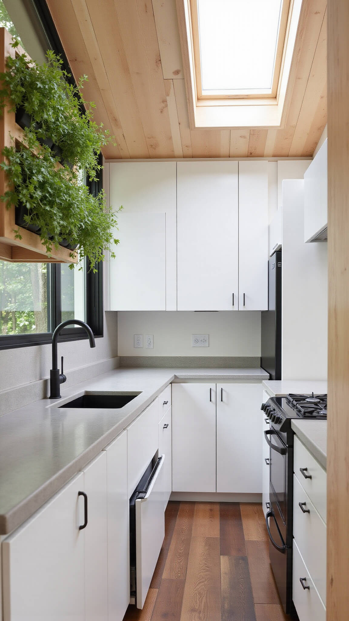 Modern-rustic 7x9ft cabin kitchen with bright skylight, white oak cabinets, polished concrete counters, matte black fixtures, and living herb wall.