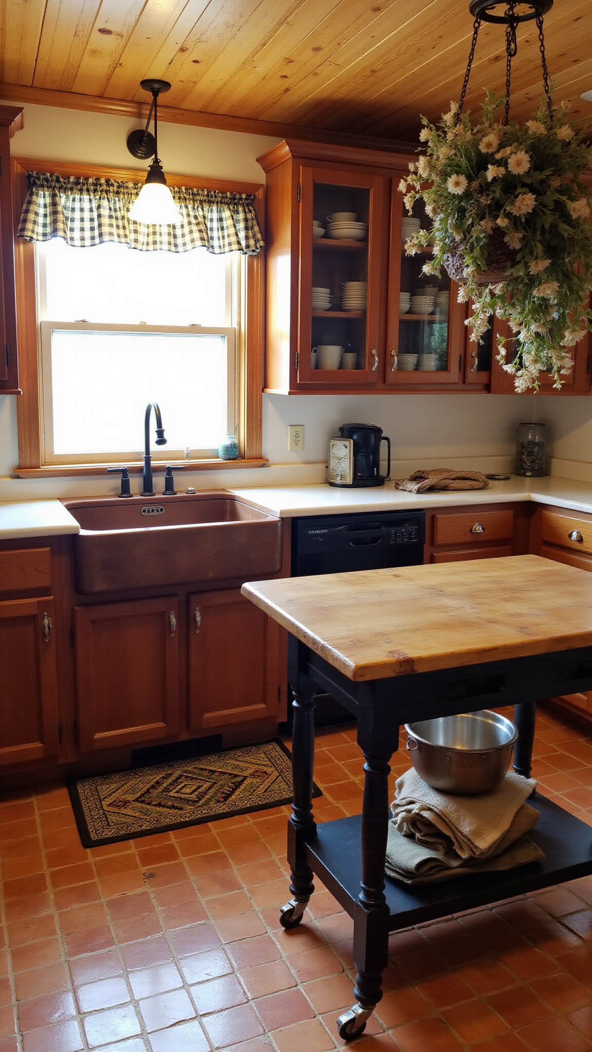 Cozy 9x11ft cabin kitchen with cherry cabinets, copper farmhouse sink, butcher block island, and vintage decor in afternoon light.