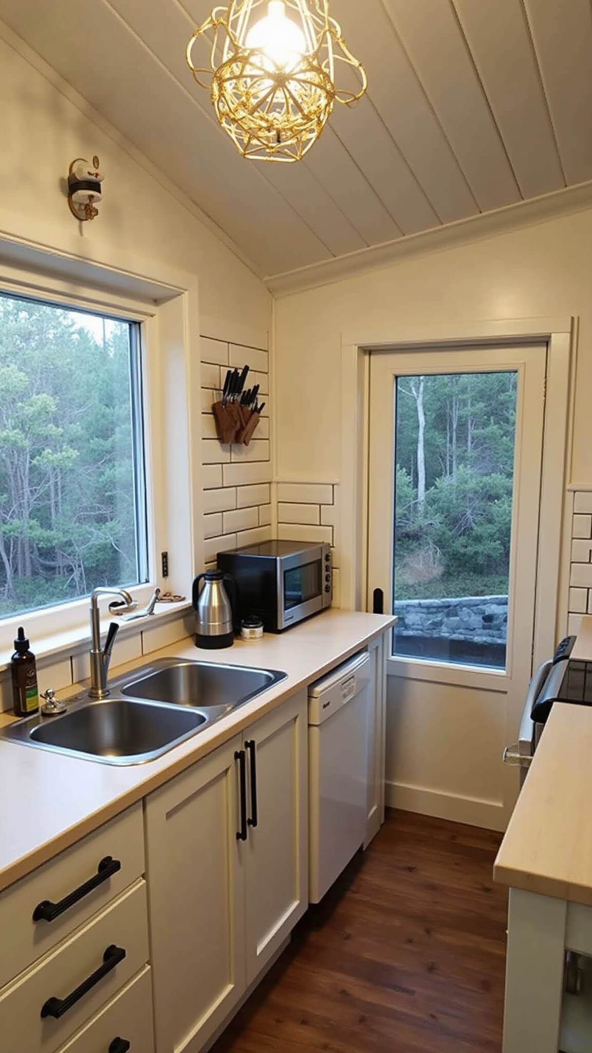 Scandinavian-style 8x10ft kitchen at twilight with pale birch cabinets, white subway tiles, compact steel appliances, and hygge lighting.