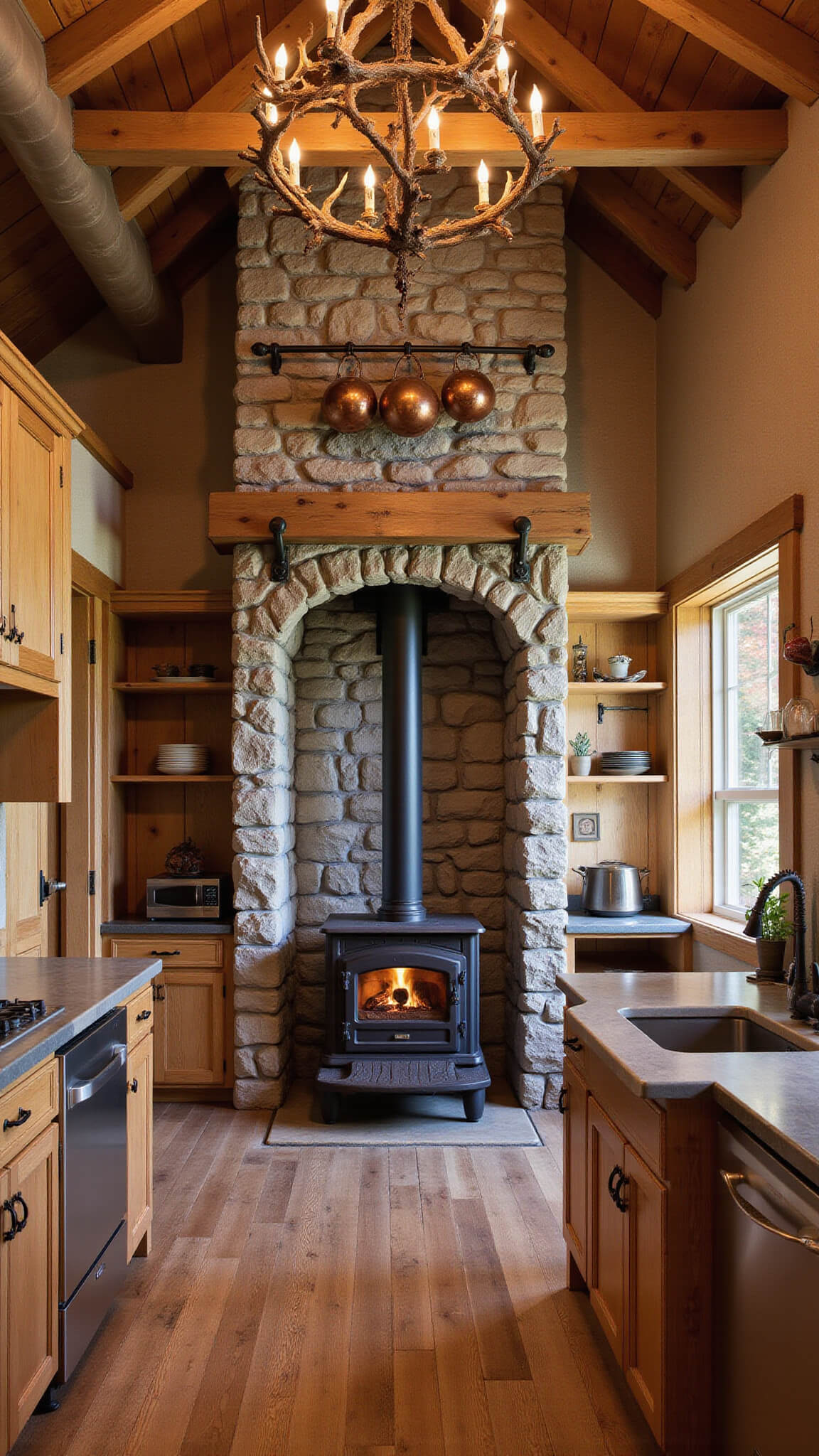 Rustic mountain lodge kitchen with stone hearth, cast iron stove, reclaimed wood cabinets, soapstone counters, and antler chandelier in warm morning light.