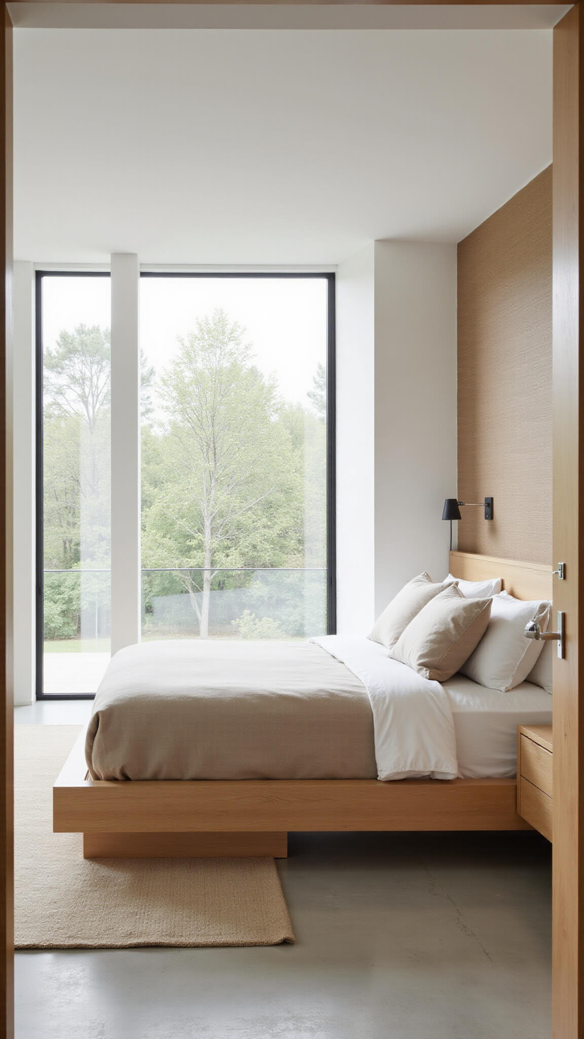Minimalist beige bedroom with platform bed, layered neutral bedding, floor-to-ceiling windows, and textured accent wall, viewed from doorway at an angle.