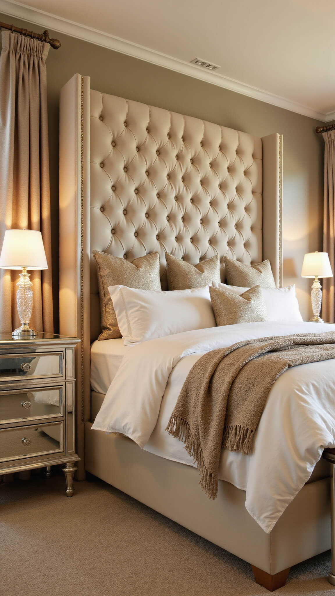 Luxurious beige master bedroom at golden hour with 7ft champagne velvet tufted headboard, mirrored nightstands, crystal sconces, silk drapes, and plush textures in an opulent setting.