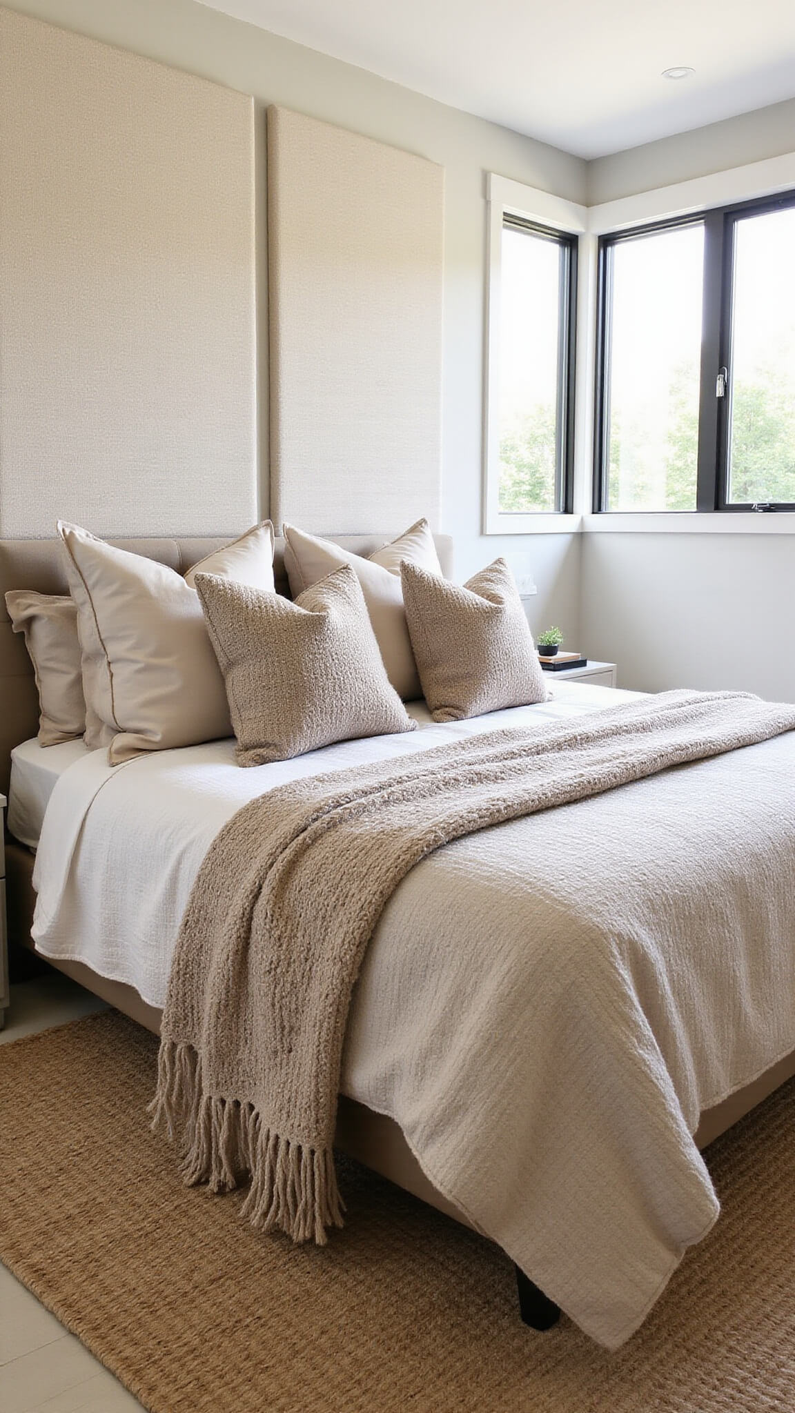 Contemporary 15x15ft beige bedroom with bouclé wall panels, textured bedding, and layered natural fiber rugs, captured in soft afternoon light.