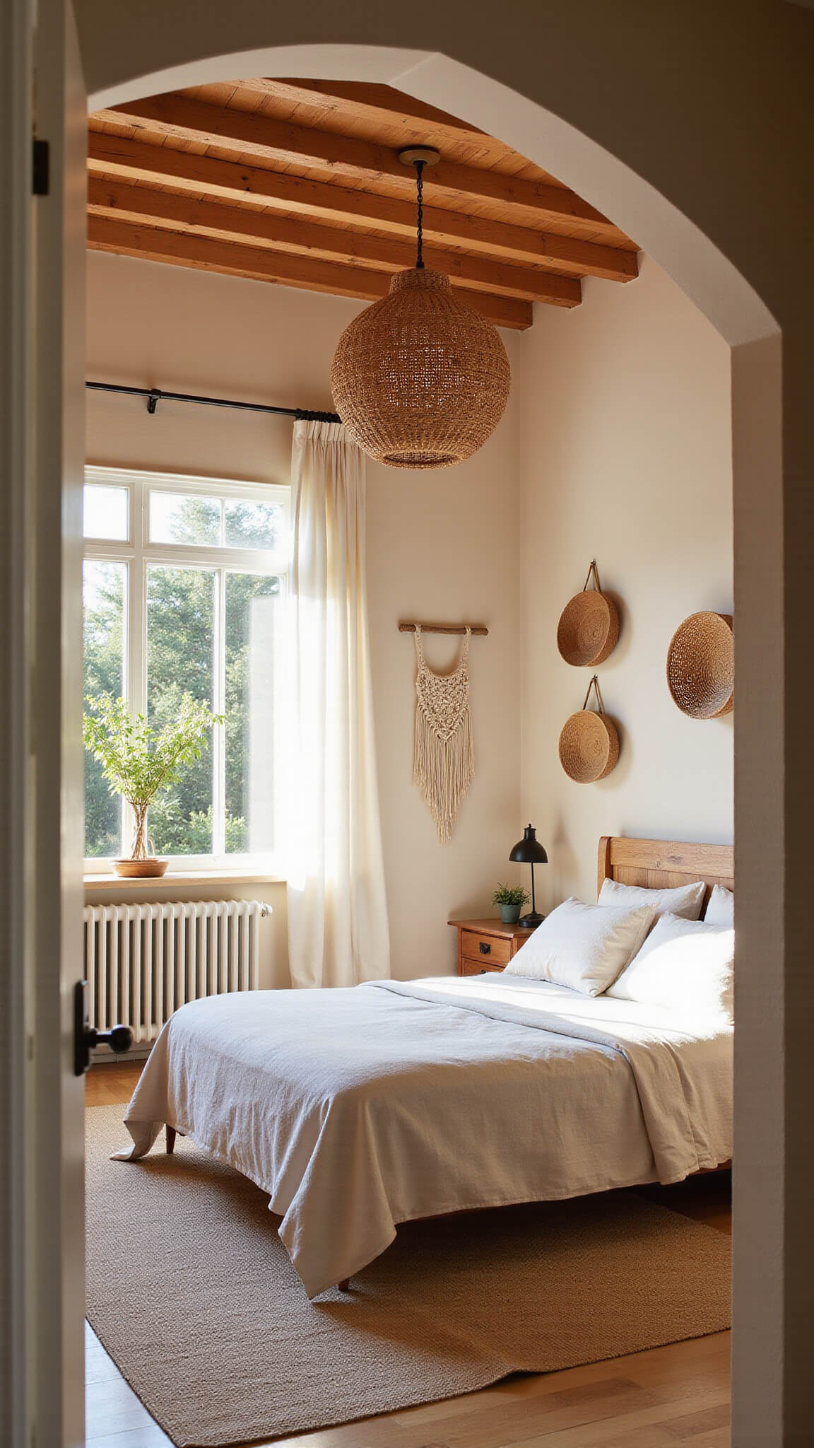 Cozy 12x14ft beige bedroom with exposed beams, rattan light, woven decor, and unbleached cotton bedding bathed in soft morning light.