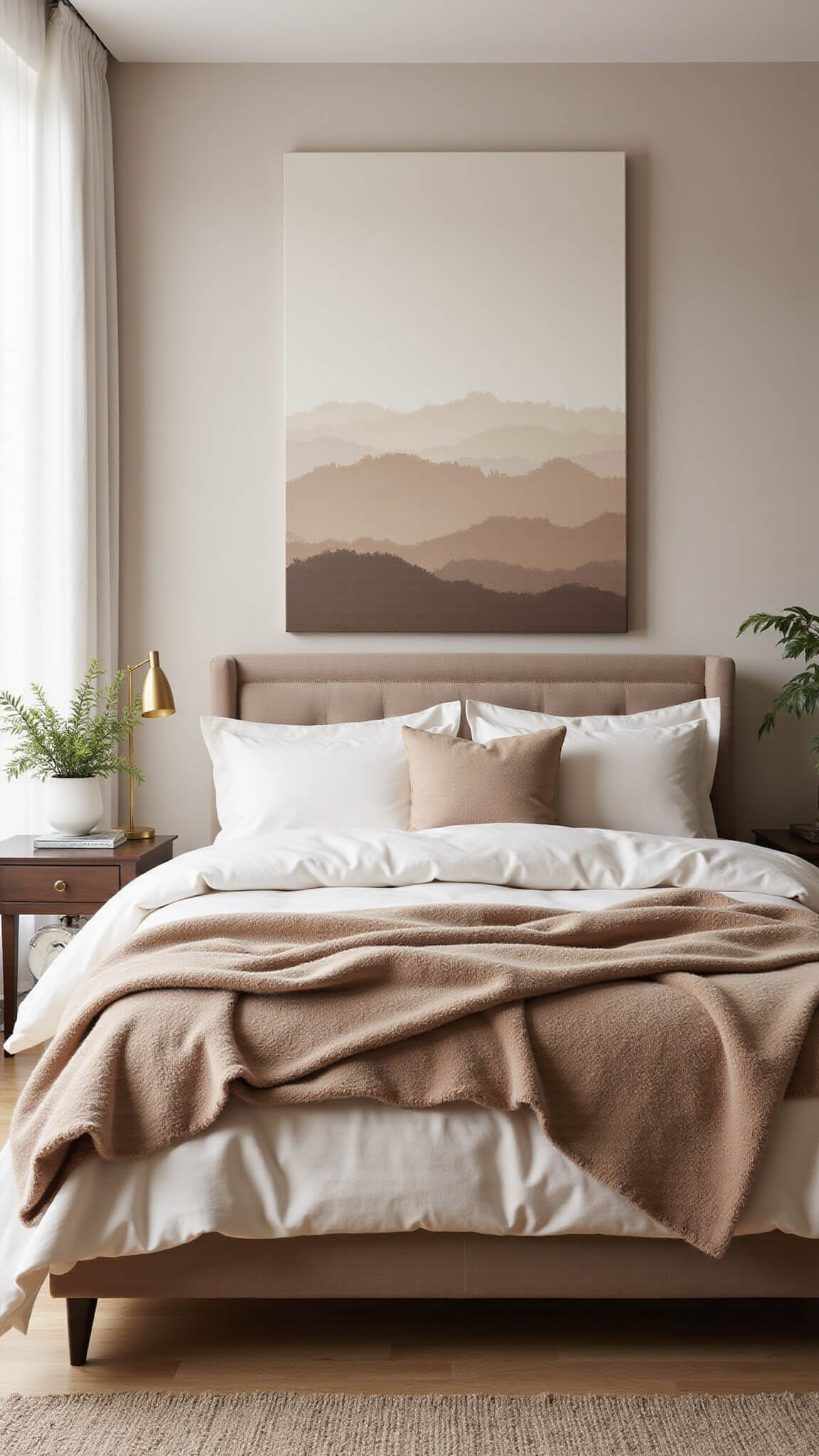 Medium-sized bedroom with gradient beige tones, layered neutral bedding, oversized abstract beige canvas, and brass accents for a cohesive, rich look.