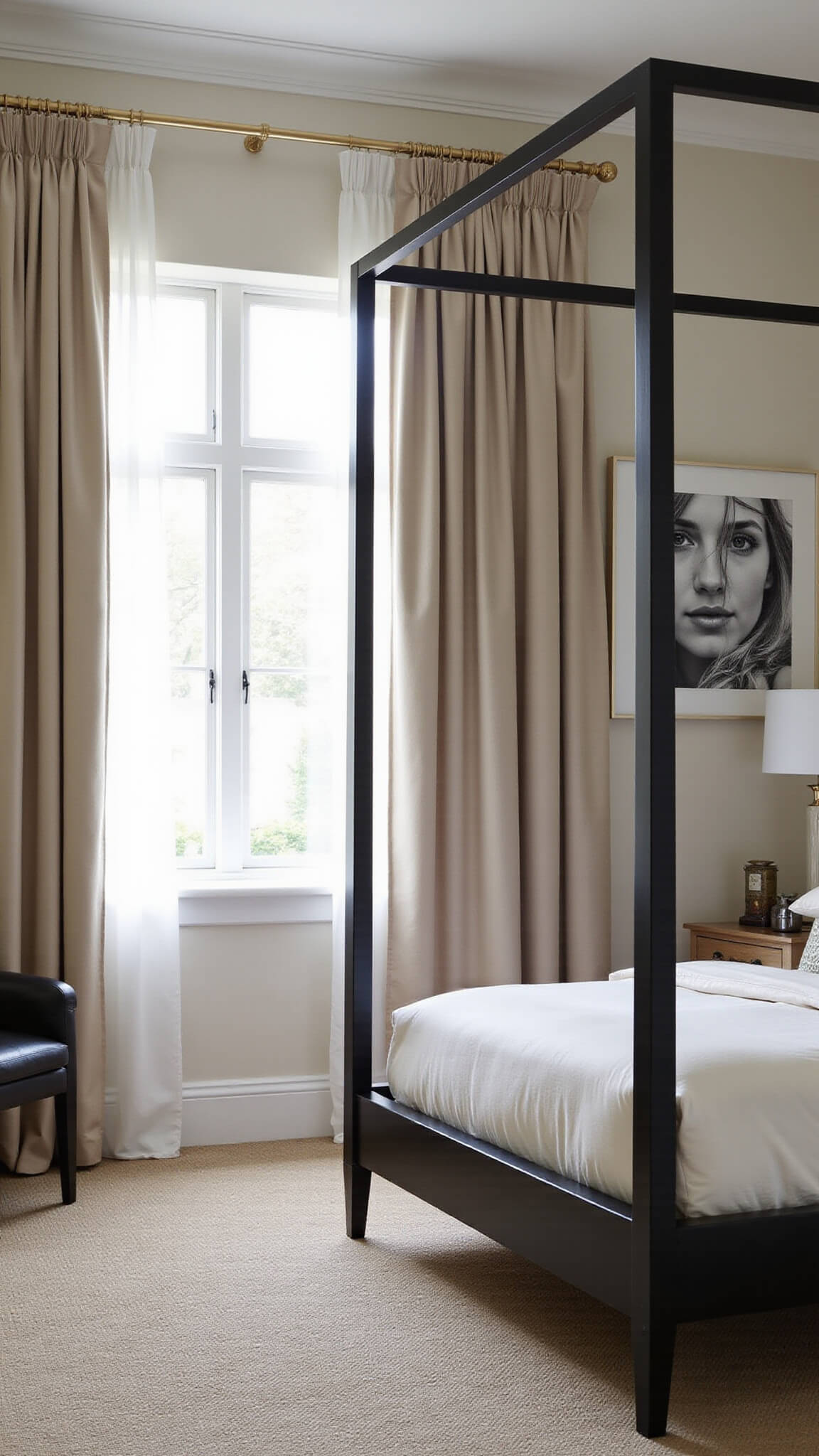Modern beige bedroom with tall vanilla silk drapes, matte black four-poster bed, oatmeal walls, brass and bleached oak accents, and dramatic side lighting creating deep shadows.