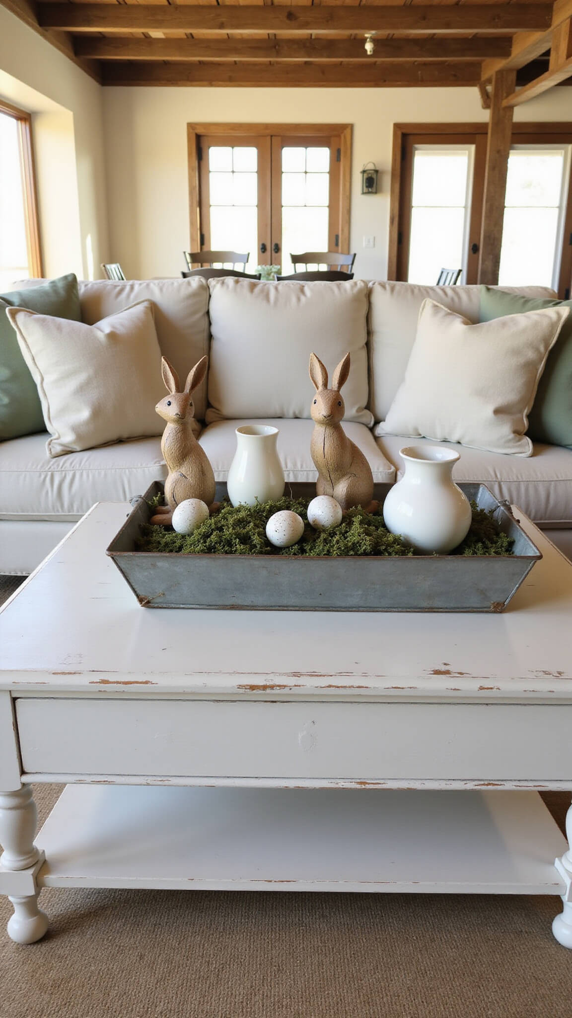 Easter-themed farmhouse living room with whitewashed oak floors, vintage tray of wooden bunnies and eggs on coffee table, soft golden hour light streaming through west-facing windows.