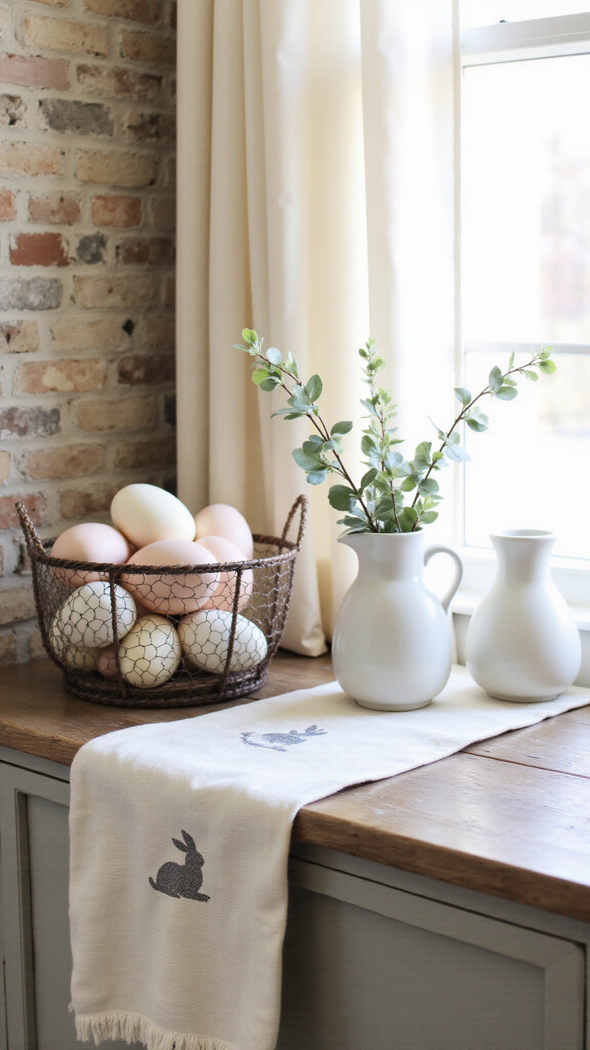 Cozy kitchen nook with Easter display on weathered console table, soft light through sheer curtains, exposed brick wall in background.