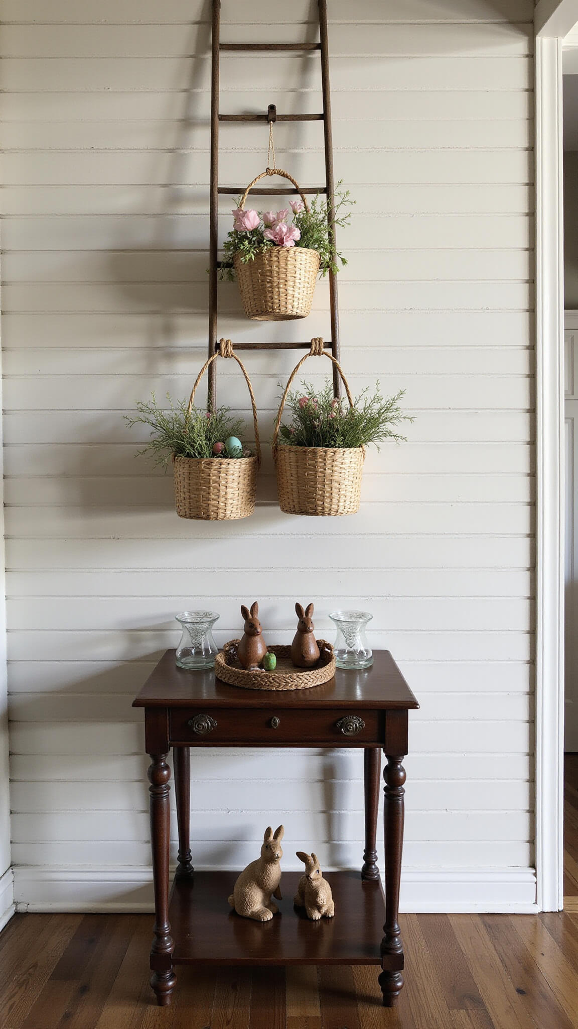 Cathedral-ceiling entryway with vintage ladder displaying Easter baskets, antique console with carved rabbits, and dramatic morning shadows on white shiplap walls.