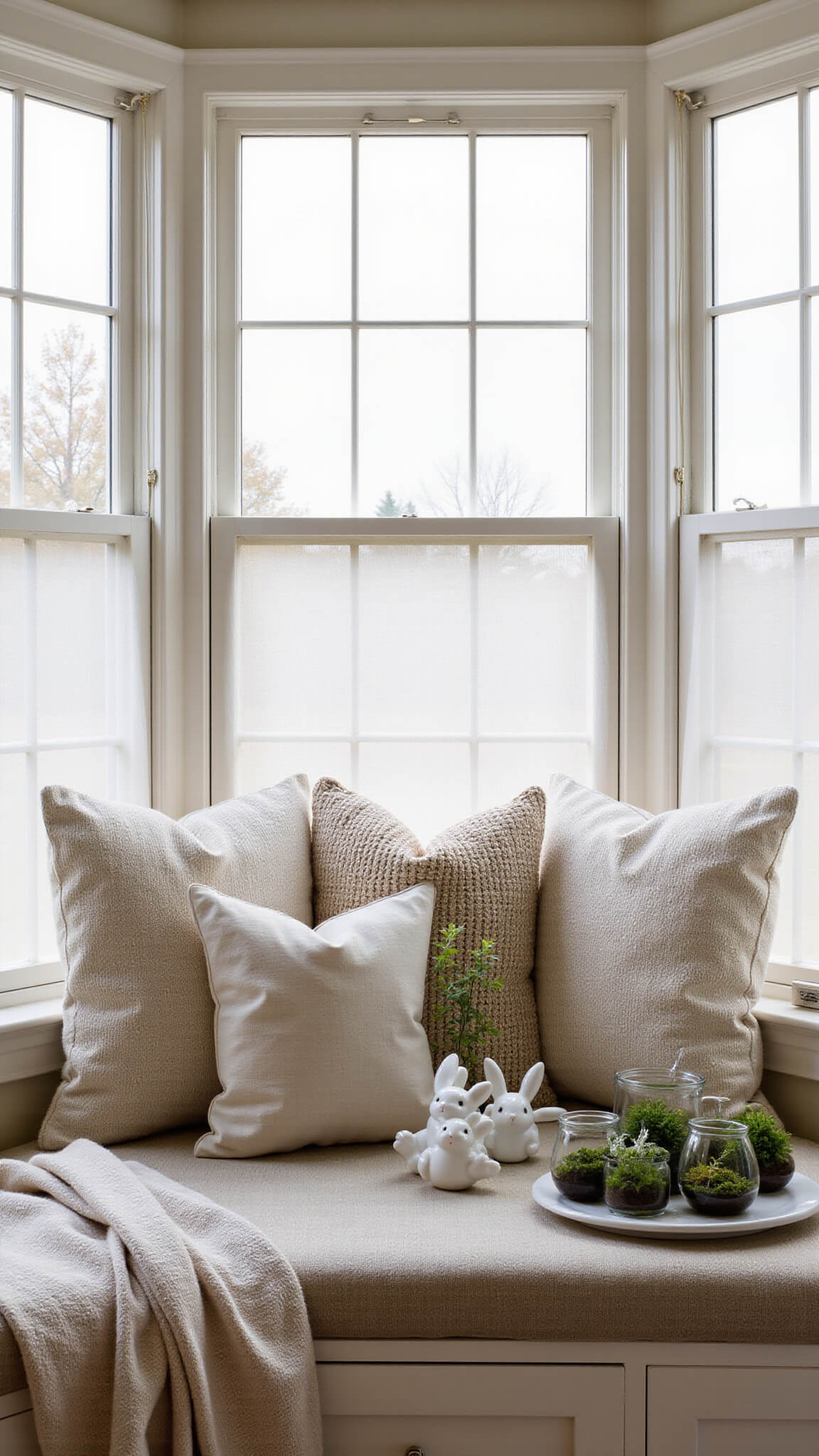 Breakfast nook with bay windows at dawn, featuring a built-in seat with linen cushions, ceramic bunnies, potted herbs, and moss terrariums softly lit through sheer curtains.