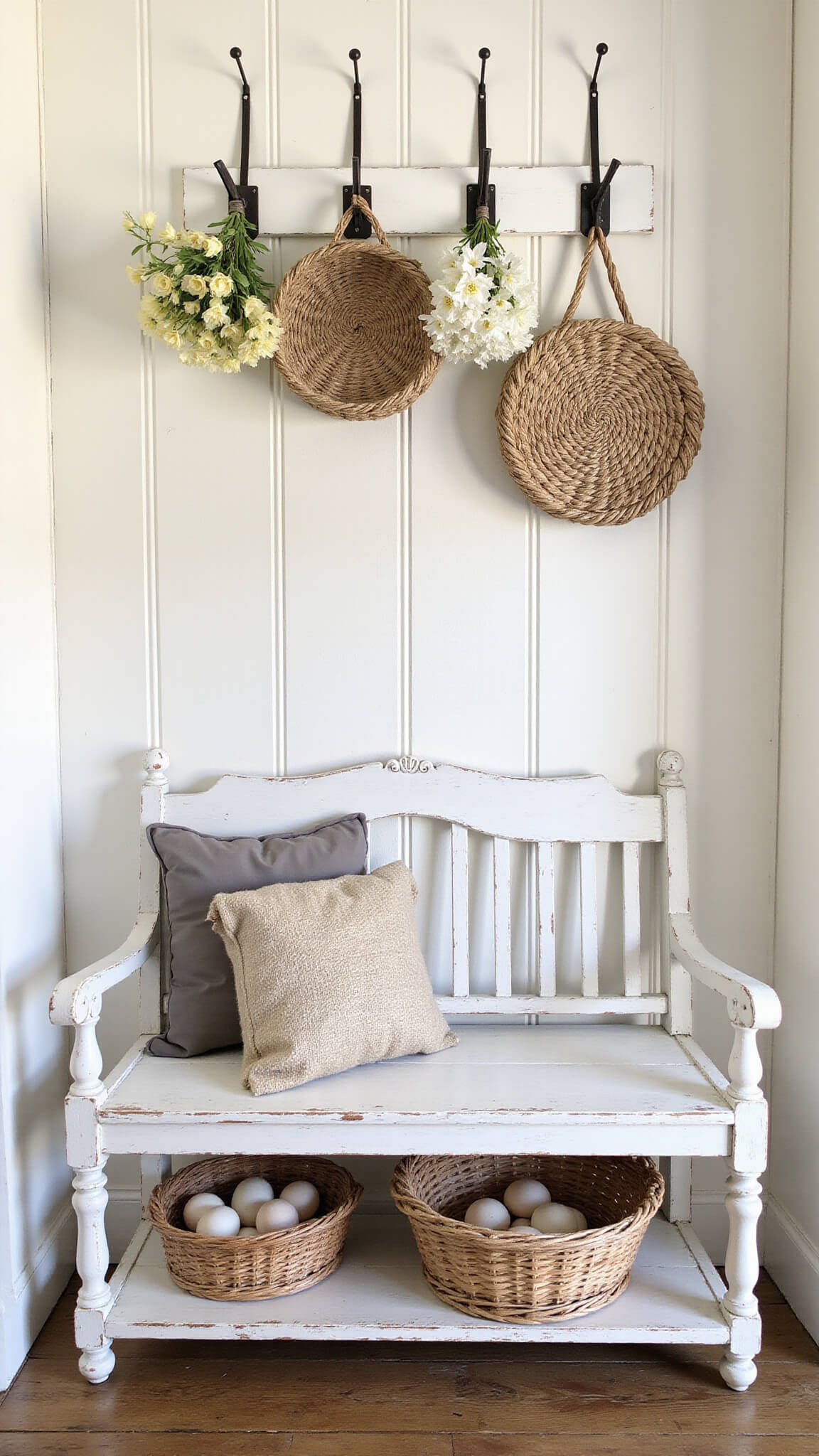 Farmhouse mudroom with vintage white bench, woven baskets of eggs and spring flowers, shiplap walls, and hanging market baskets in soft late afternoon light.