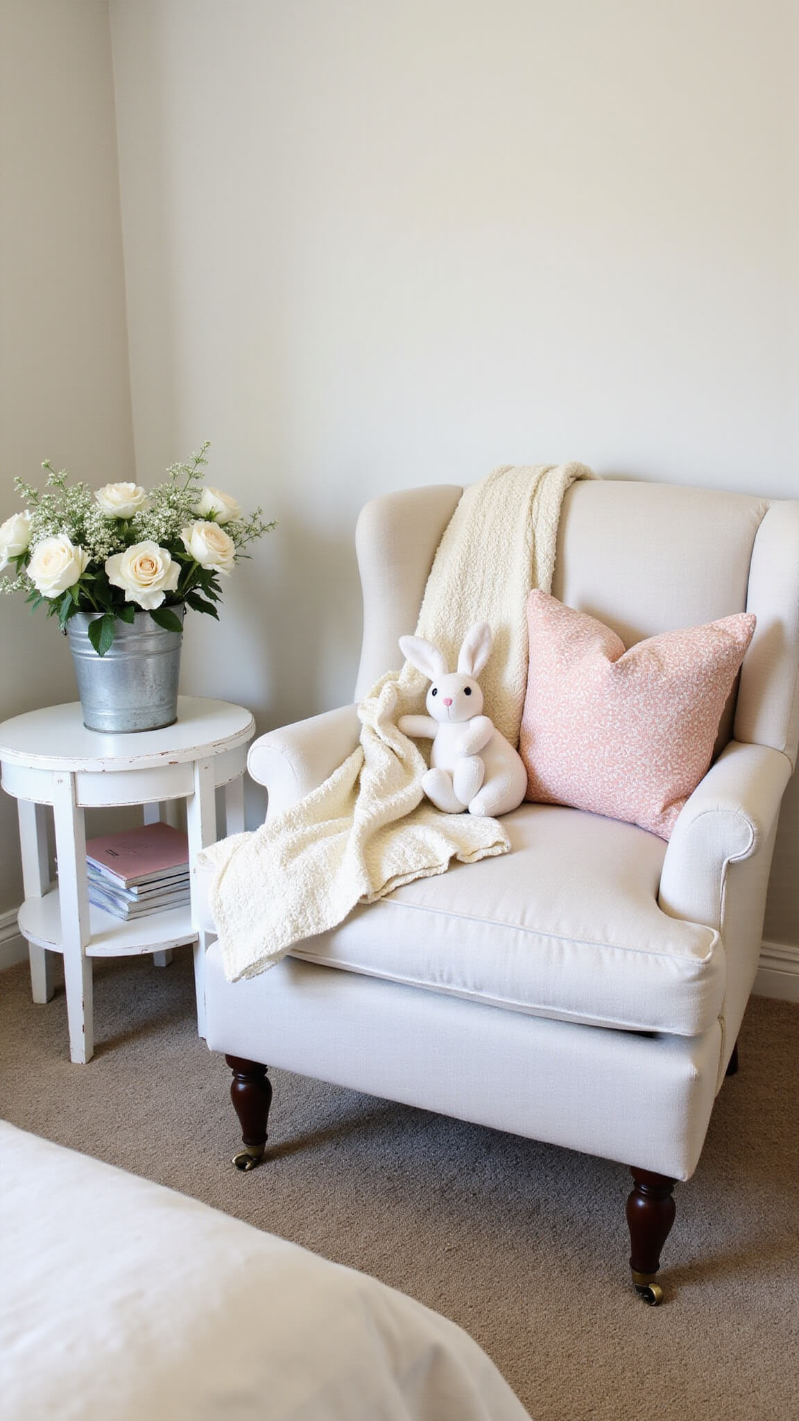 Cozy master bedroom reading corner with oversized linen wingback chair, distressed white side table with Easter decor, vintage quilt, bunny pillows, and bucket of spring flowers in soft midday light.