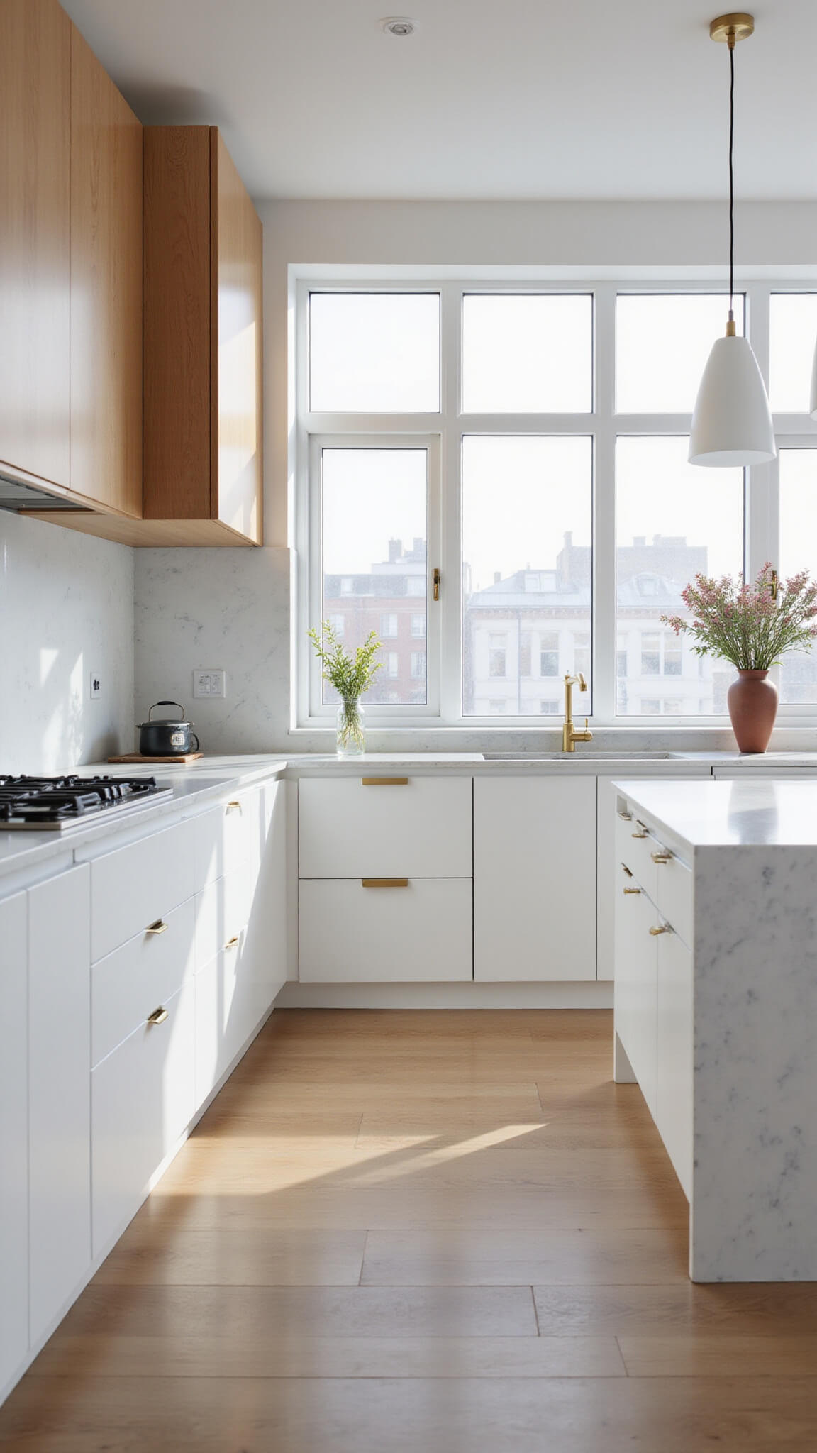 Modern Scandinavian kitchen with white oak upper cabinets, matte white lowers, waterfall marble island, and natural light from floor-to-ceiling windows.