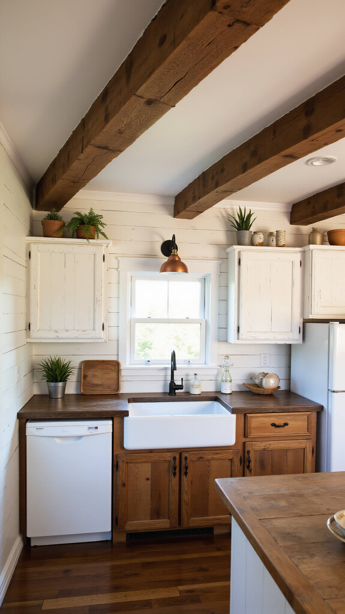 Cozy farmhouse kitchen with exposed beams, shiplap ceiling, distressed cabinets, copper pendants, and sunlight on butcher block island.