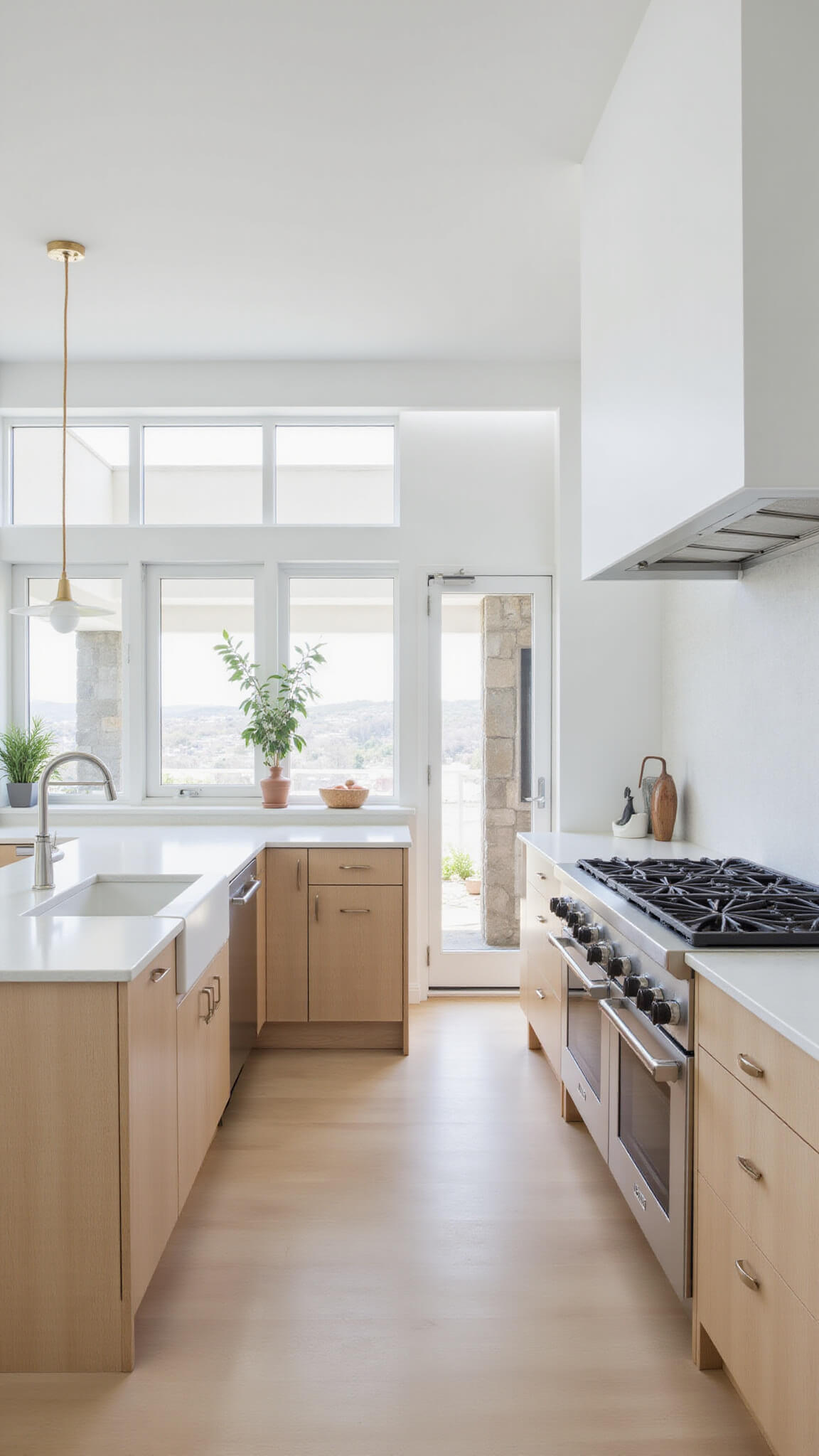 Minimalist 16x18ft kitchen with birch and white cabinetry, quartz waterfall island, and floor-to-ceiling windows showcasing clean lines and symmetry.