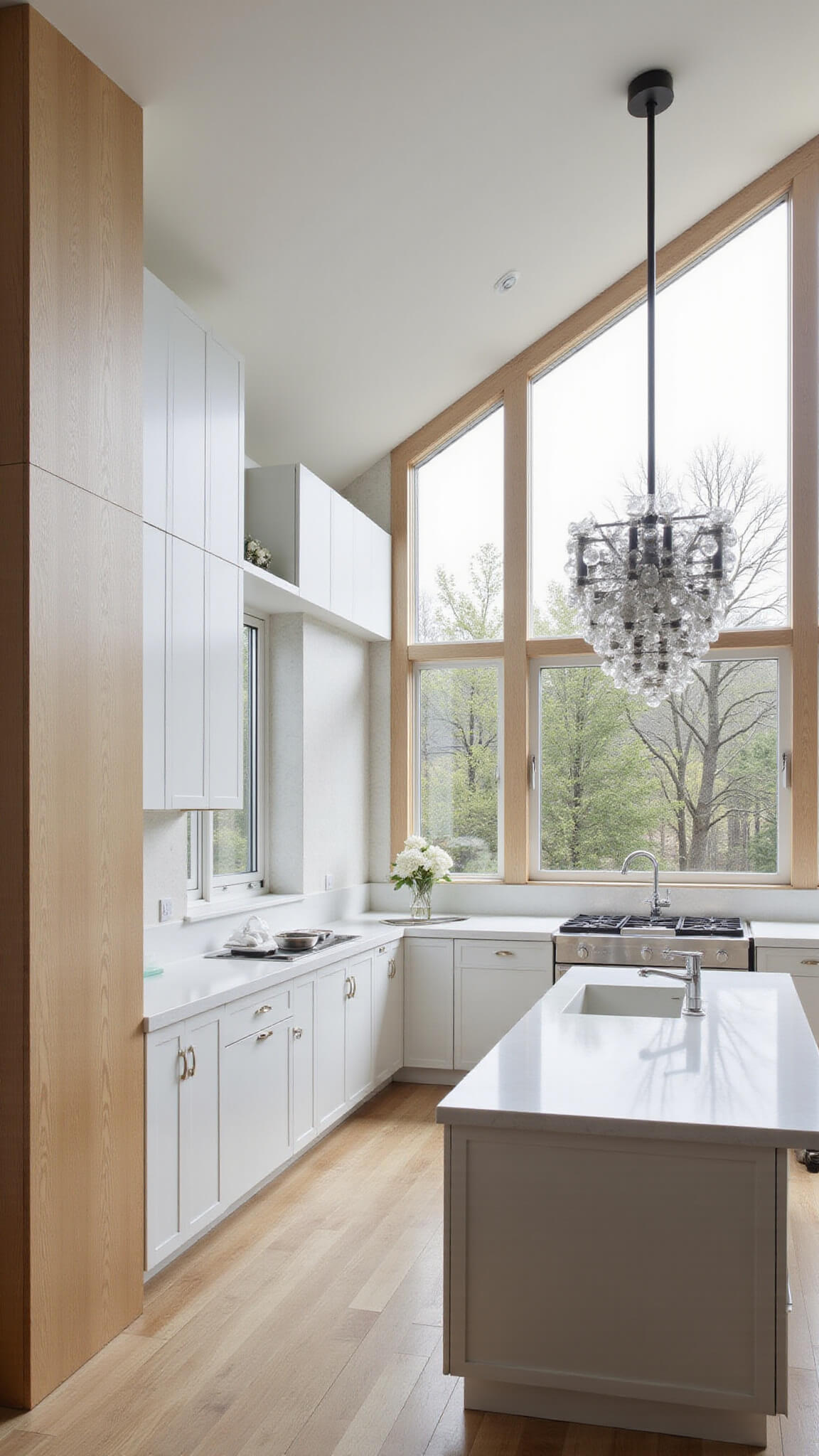 Contemporary open-concept kitchen with rift-cut white oak cabinetry, large island under geometric pendants, double-height windows, and bleached oak flooring.