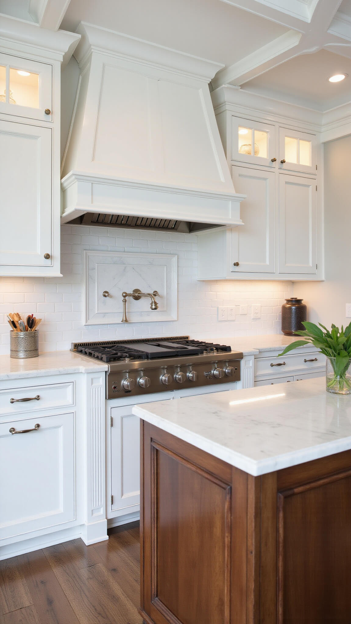 Traditional 14x20ft kitchen with white inset cabinets, walnut island and range hood, marble counters, and coffered ceiling in soft studio lighting.