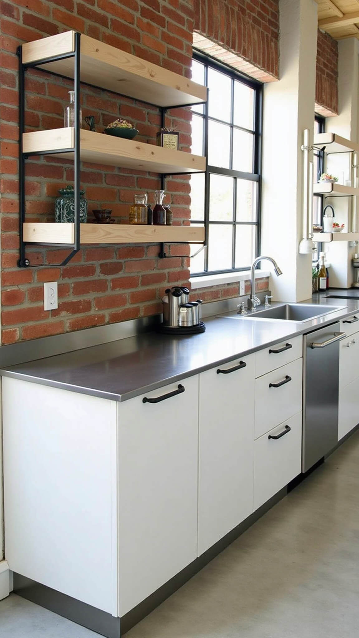Loft-style kitchen with white metal cabinets, reclaimed wood shelves, exposed brick wall, concrete counters, and stainless steel island under directional lighting.