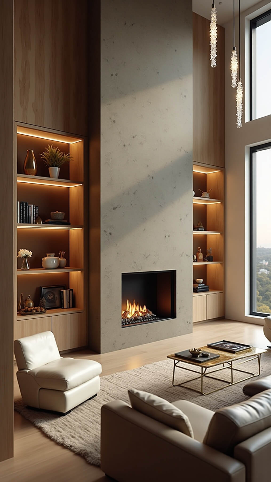 Open-concept living area with three-sided polished concrete fireplace, white oak shelving, crystal pendant lights, and mid-century modern cream leather furniture, bathed in golden hour light through floor-to-ceiling windows.