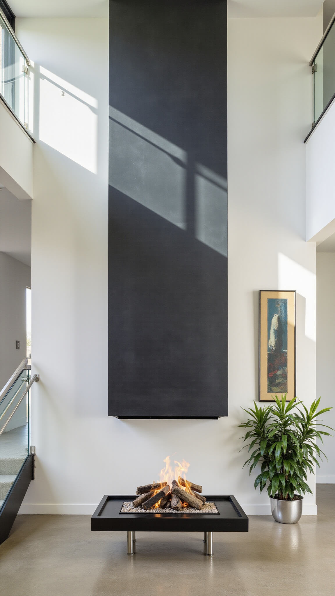 Modern double-height foyer with suspended black fireplace, minimalist white walls, glass staircase, chrome railings, and dramatic afternoon light.