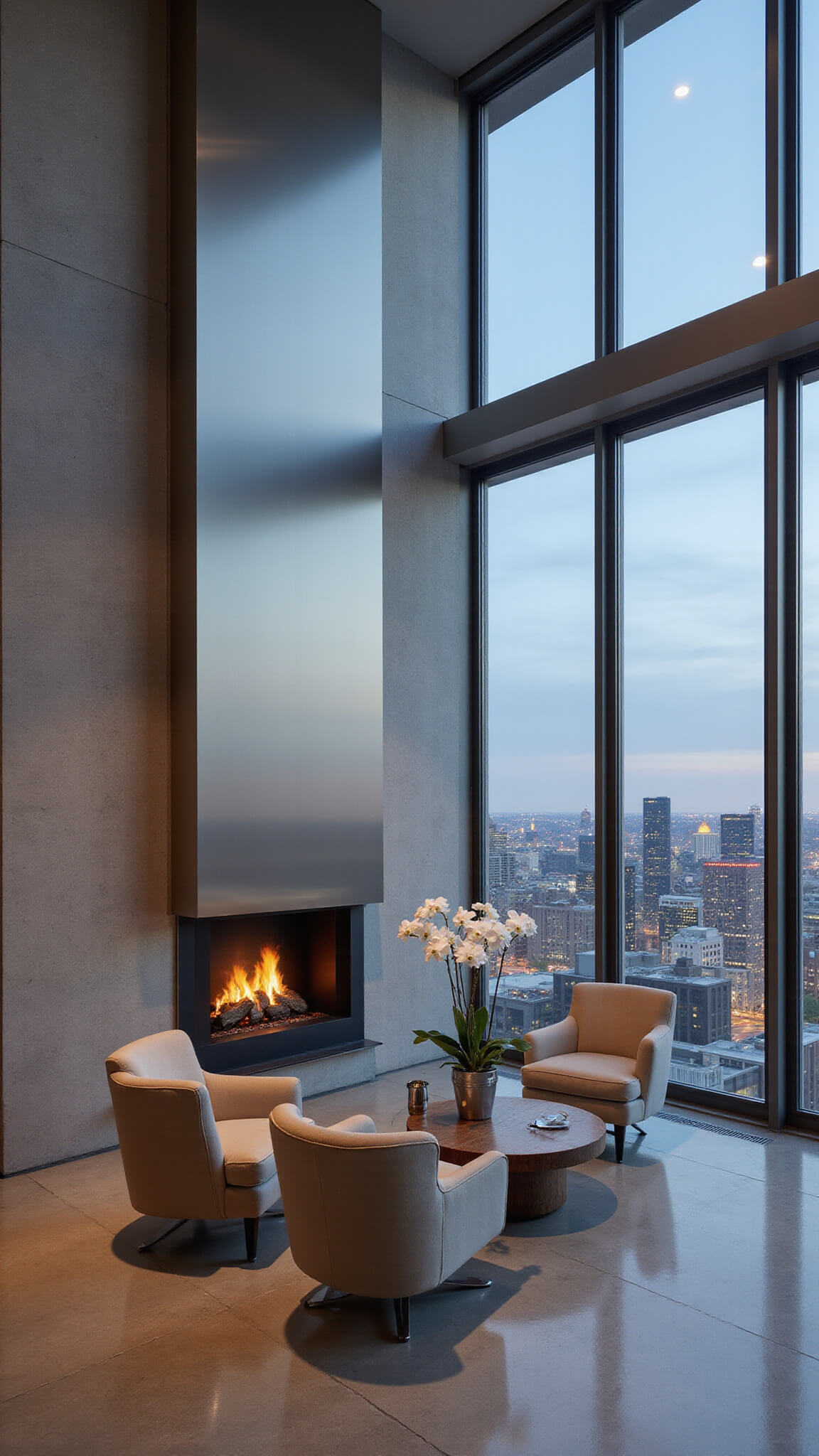 Modern urban penthouse with ribbon fireplace, greige Italian furniture, and city views through window at dusk.
