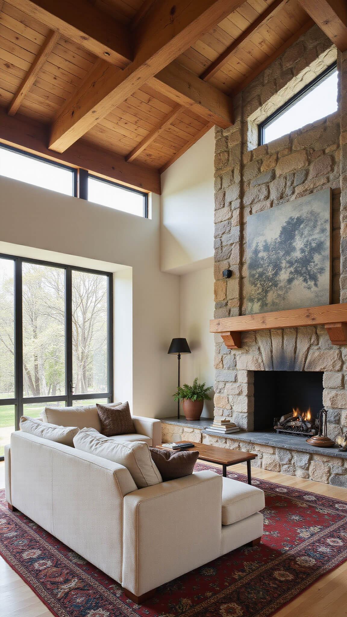 Rustic modern great room with tall ceiling, timber beams, stone fireplace, linen sectional, kilim rugs, and morning light through clerestory windows.