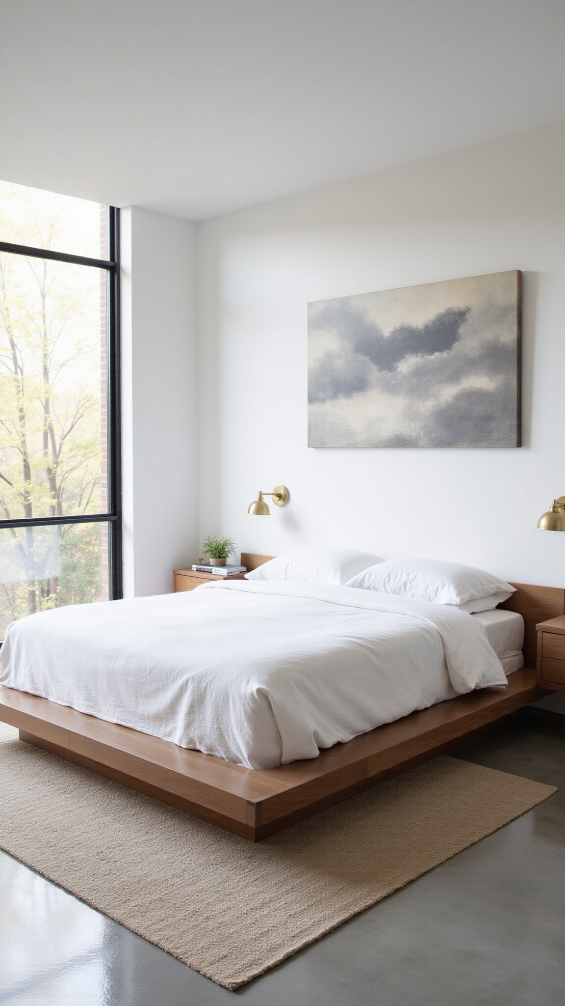 Minimalist 14x16ft bedroom with walnut platform bed, white linen bedding, abstract gray artwork, floor-to-ceiling windows, concrete floors, cream rug, brass sconces, and morning natural light.