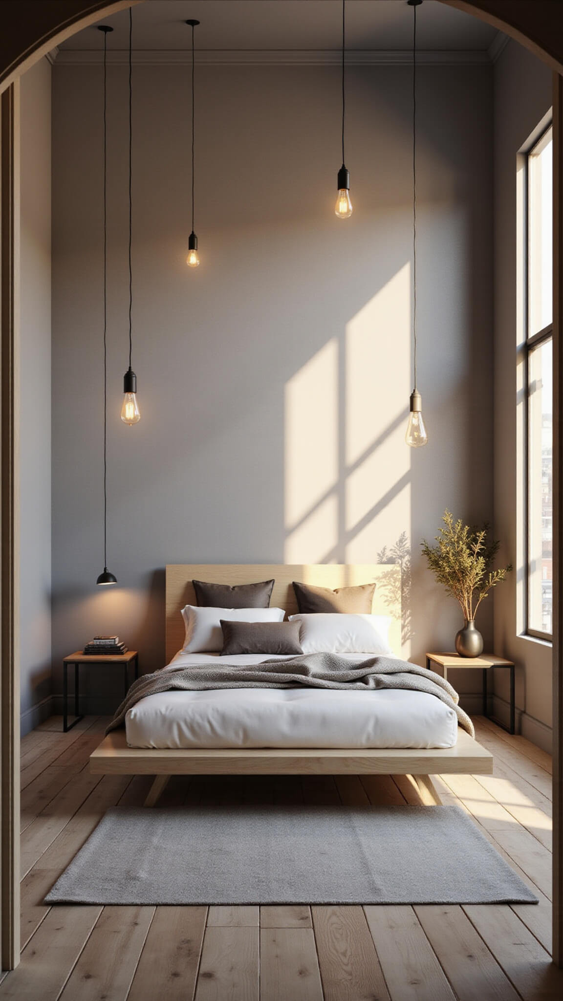 Modern 12x14ft bedroom at golden hour with light oak platform bed, textured dove gray accent wall, warm pendant lights, geometric window shadows, layered neutral textiles, and minimalist black side tables.