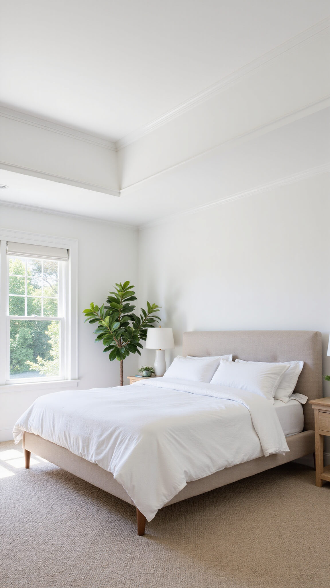 Airy 15x18ft white primary bedroom with 10ft tray ceiling, oatmeal upholstered bed, bleached oak nightstands, and fiddle leaf fig in natural midday light.