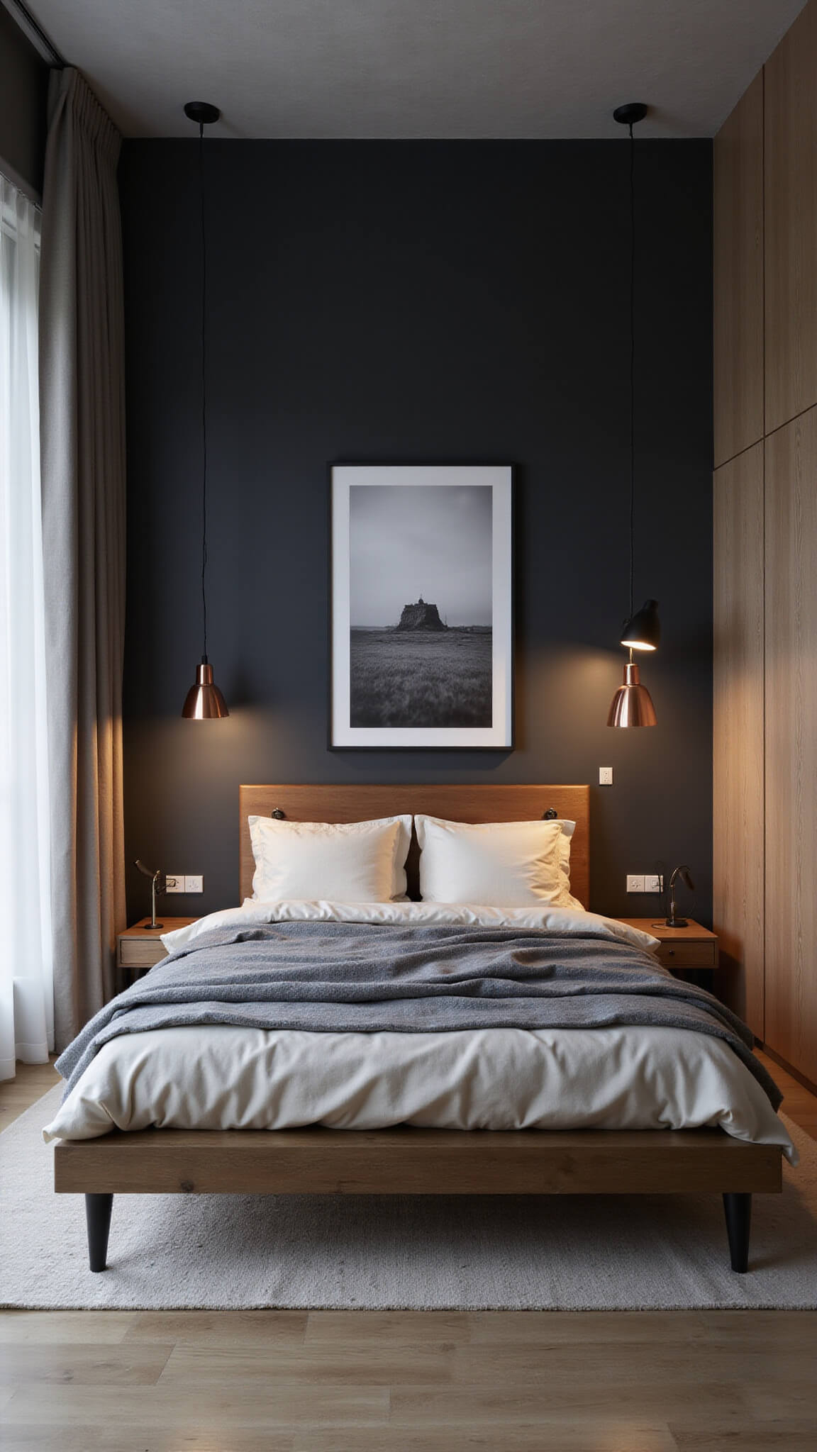 Minimalist 11x13ft bedroom at dusk with charcoal accent wall, floating teak bed, copper pendant lights, and layered gray and cream textiles.