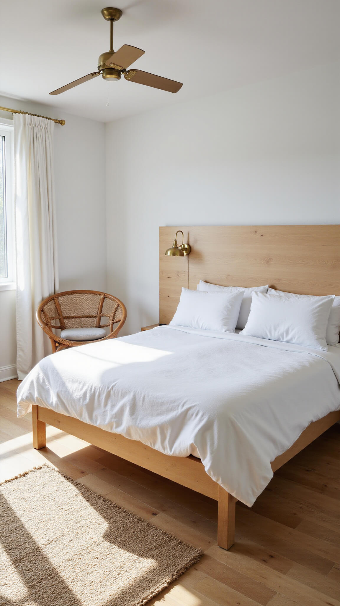 Modern sunlit bedroom with white bedding, rattan chair, jute rug, and brass lamps on white oak floors.