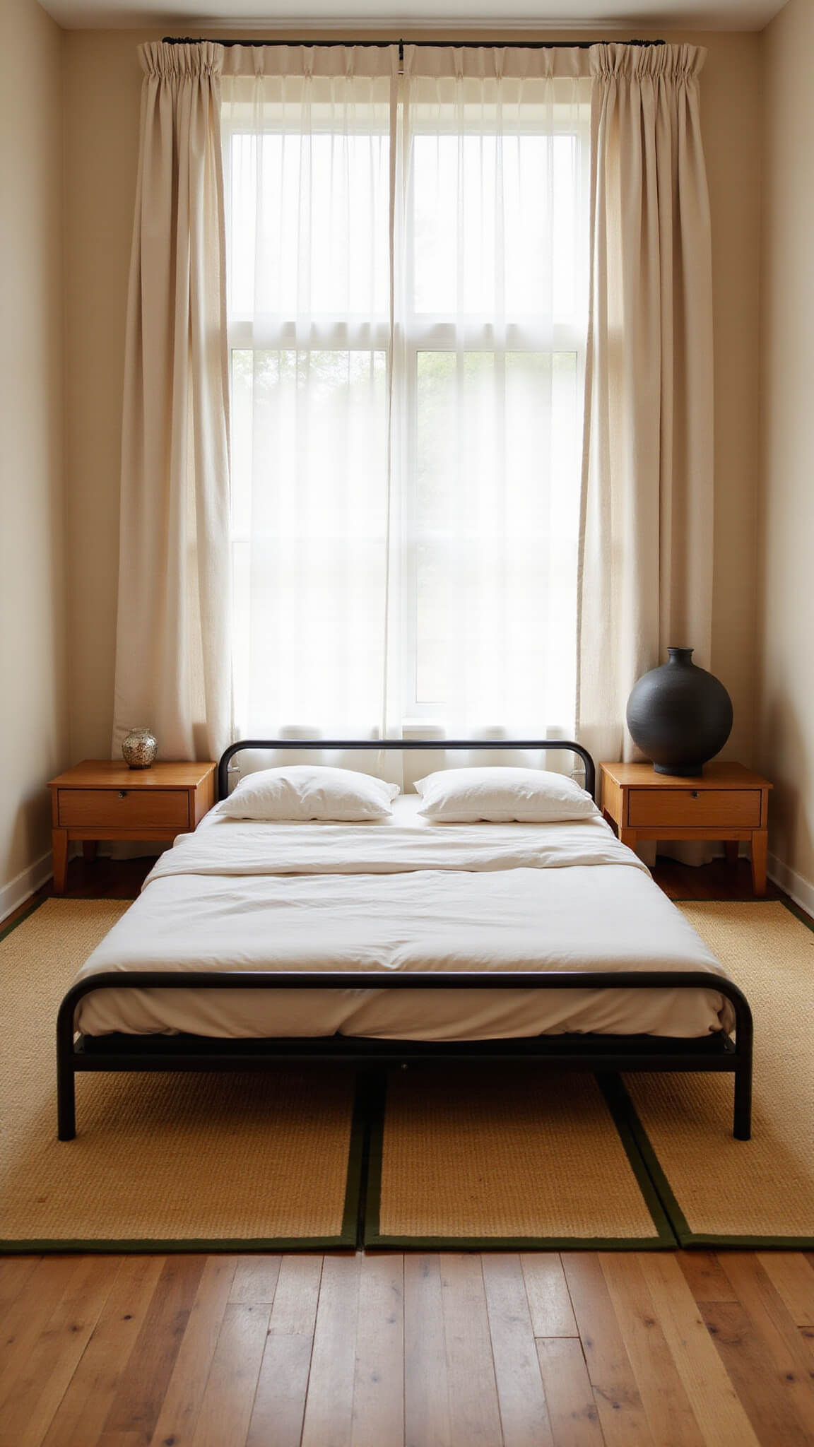 Zen-style bedroom at sunrise with low black metal futon bed, sheer white curtains, tatami mats, bamboo side tables, and matte black ceramic vessel.