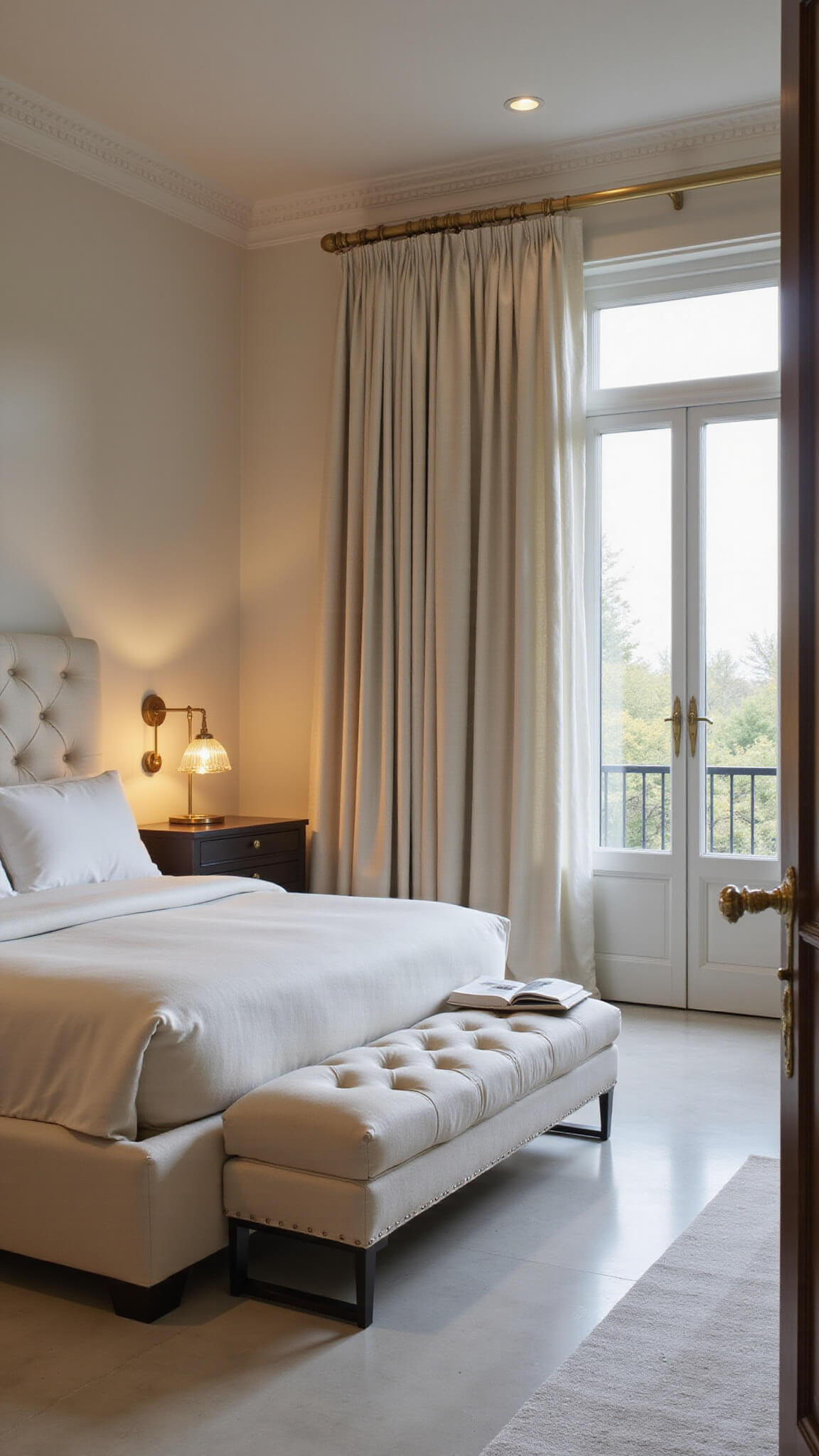 Minimalist 15x17ft bedroom at twilight with vanilla bouclé channel-tufted bed and matching bench, brushed brass lighting, ivory linen drapes, and pale limestone floors.