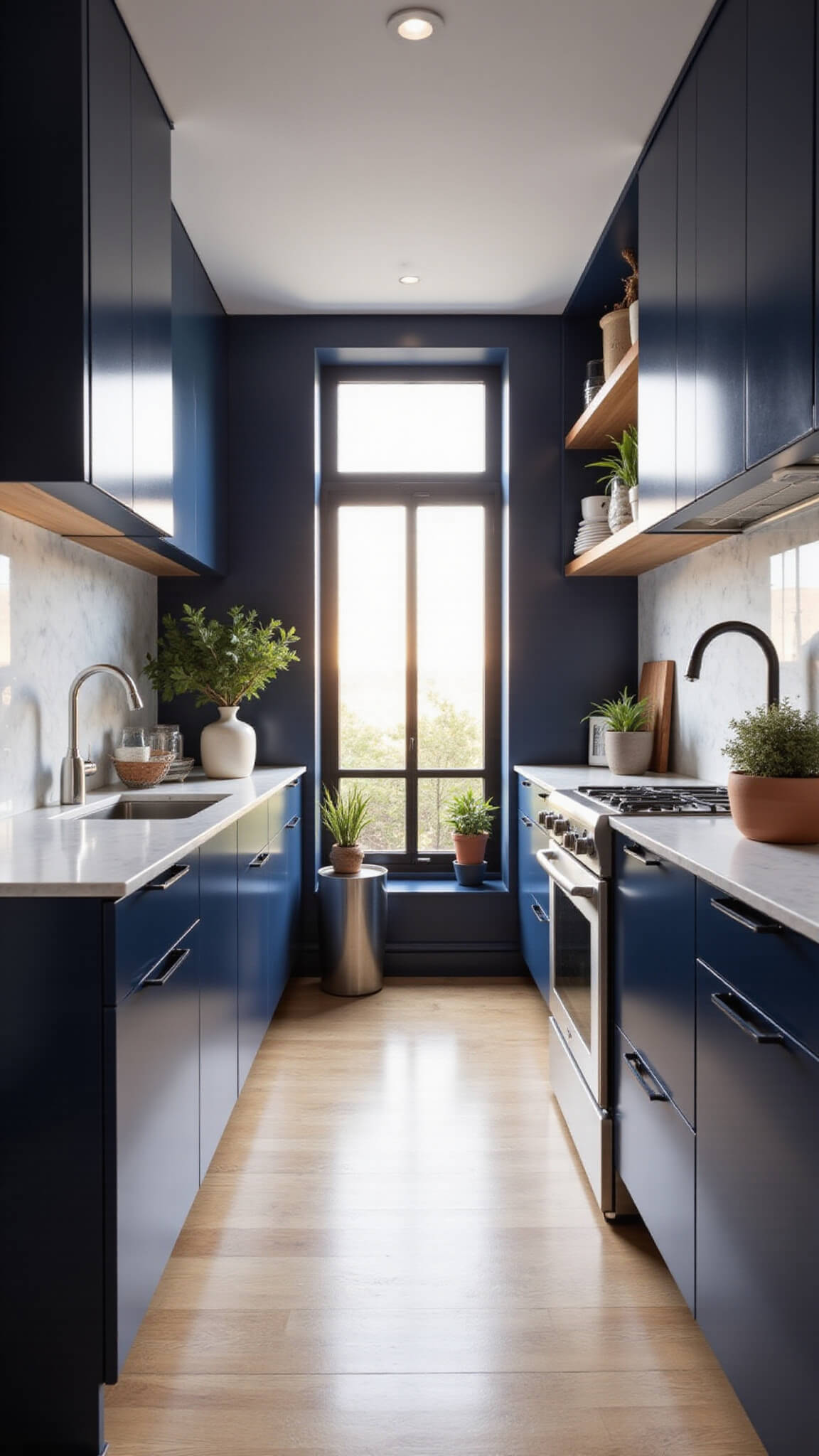 Compact 12x10ft galley kitchen with navy high-gloss cabinets, stainless steel appliances, marble backsplash, and under-cabinet LED lighting in warm golden hour light.