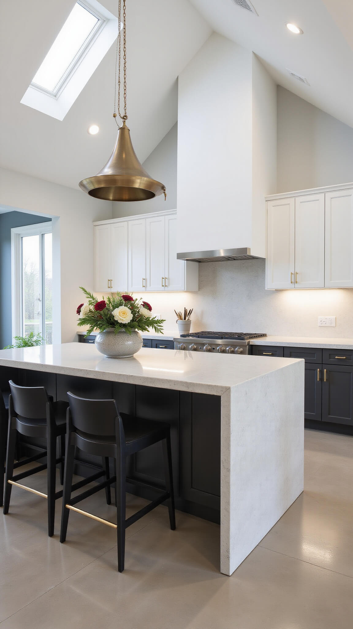 Open-concept 18x22ft mixed-finish kitchen with vaulted ceiling, featuring charcoal high-gloss lower cabinets, matte white uppers, oversized waterfall island, pendant lighting, and modern styling elements.