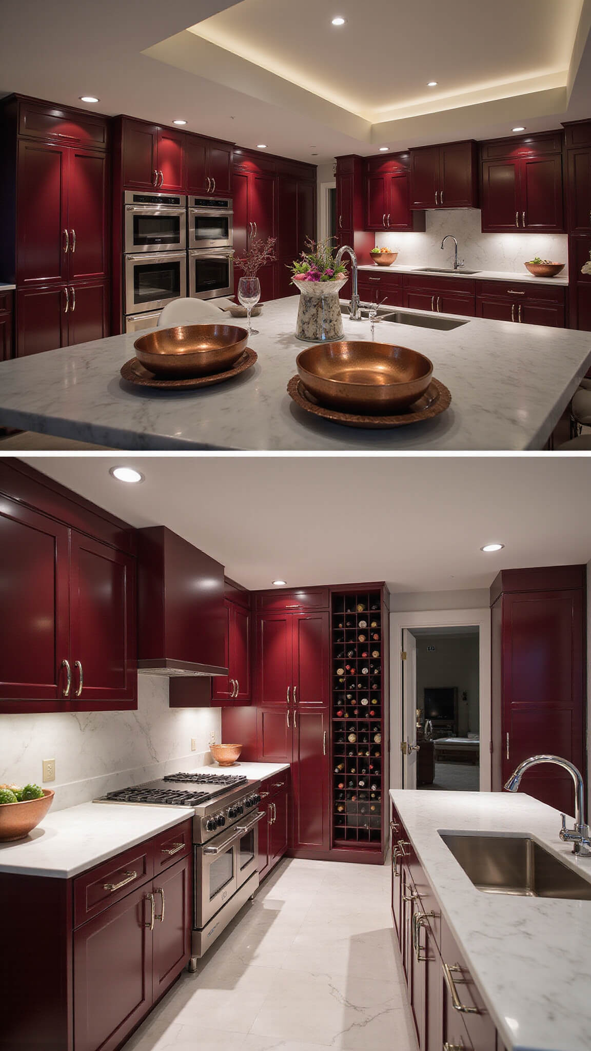 Luxury modern kitchen with burgundy high-gloss cabinets, marble islands, and copper accents, viewed from mezzanine under ambient dusk lighting.