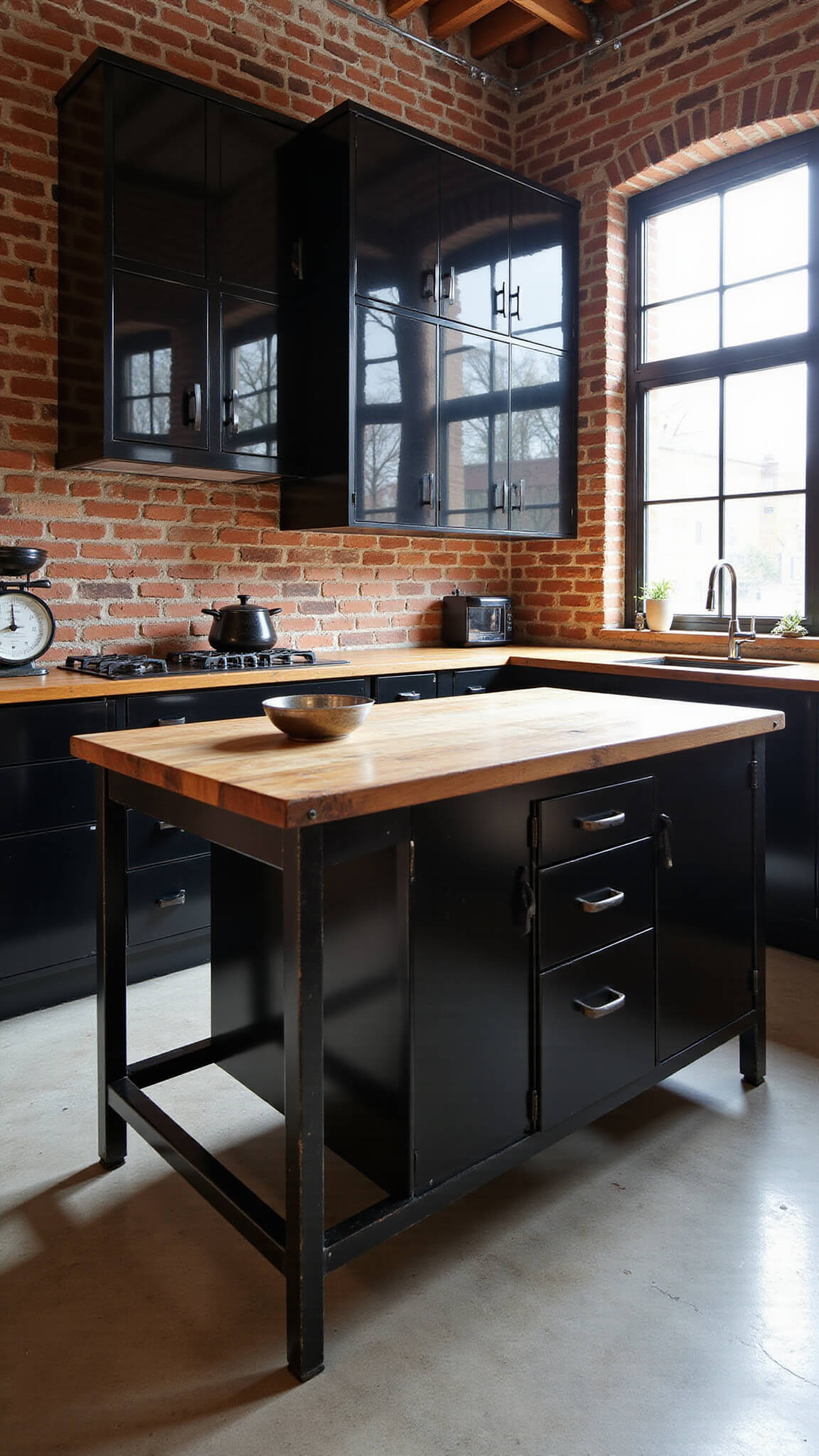 Industrial loft kitchen with black high-gloss cabinets, exposed brick walls, steel island with wood top, and vintage decor in warm afternoon light.