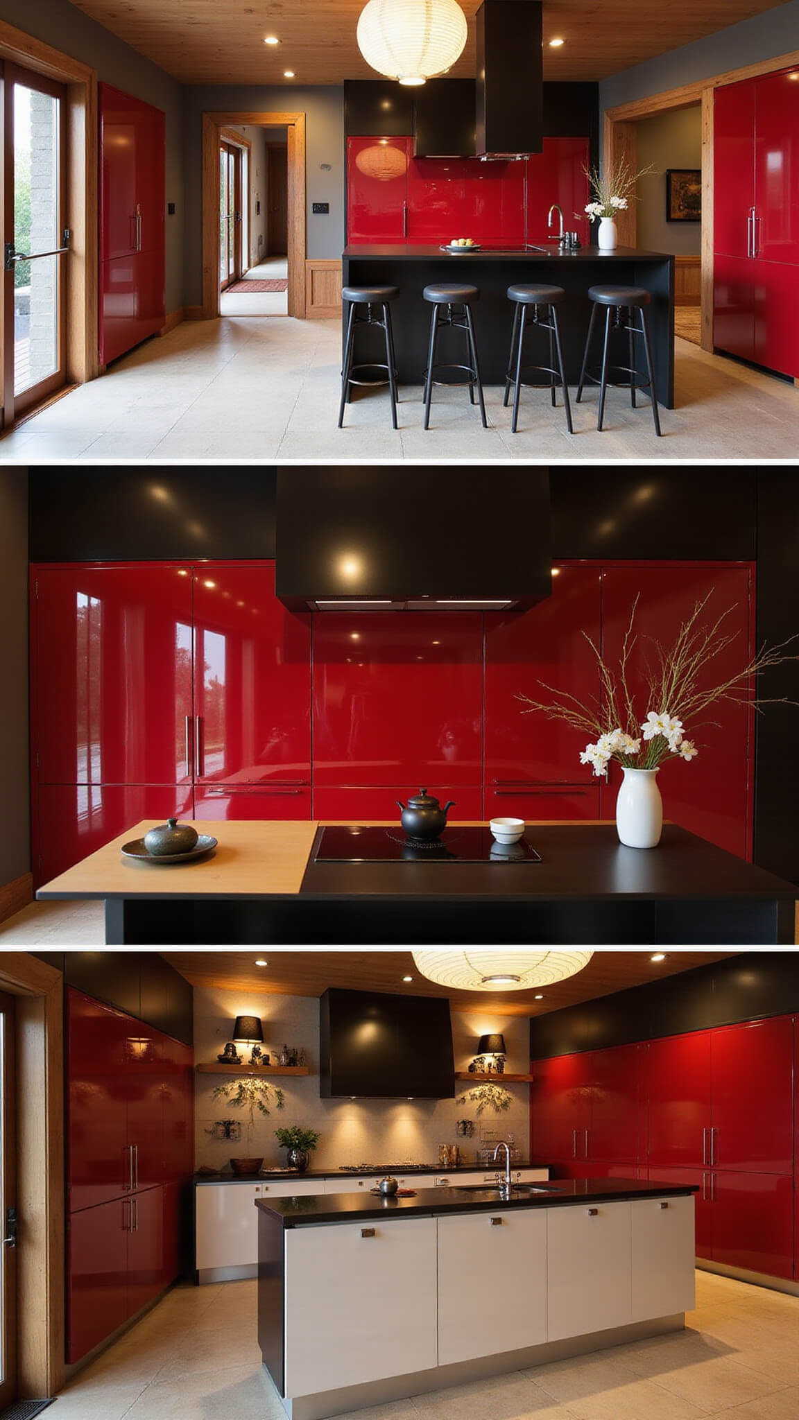 Contemporary Asian fusion kitchen with red high-gloss cabinets, black accents, shoji screens, and floating tea station under warm paper lantern lighting.
