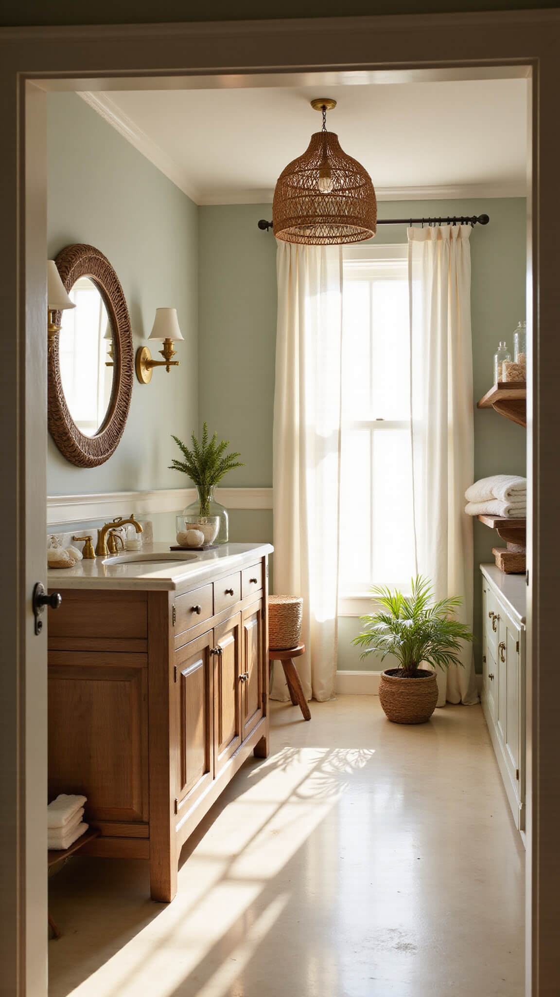 Coastal bathroom at golden hour with oak vanity, rattan mirror, linen curtains, and natural décor in soft backlighting.