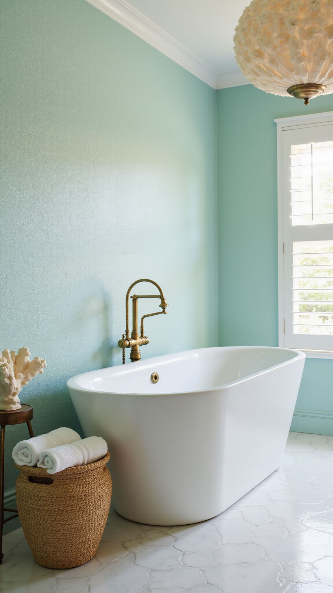 Coastal bathroom with white soaking tub, pale aqua grasscloth wall, and capiz shell chandelier reflecting on marble floor.