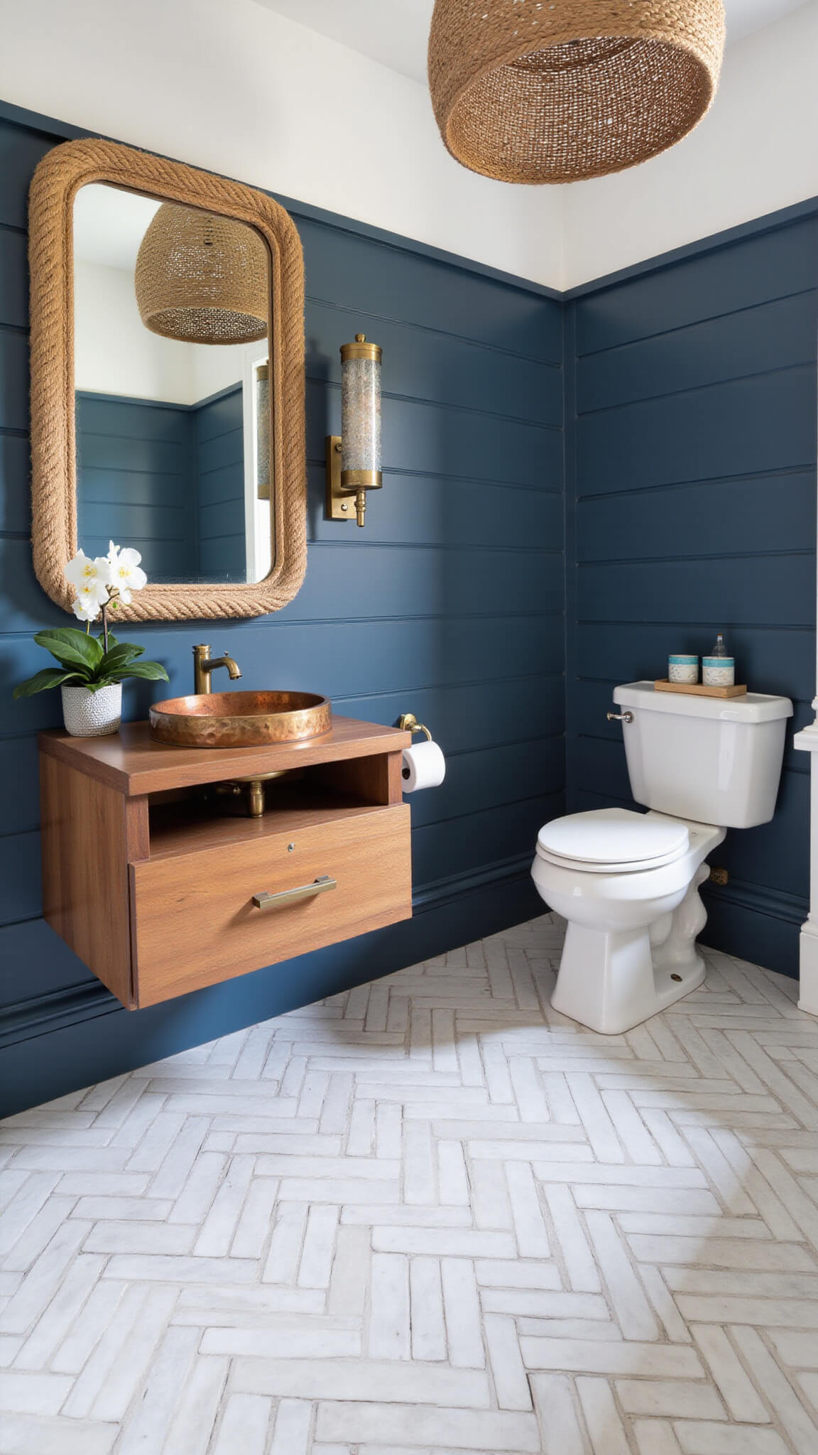 Overhead view of coastal-themed powder room with herringbone marble floor, navy shiplap wall, walnut vanity with copper sink, seaglass-accented pendant, and sailor's rope mirror.