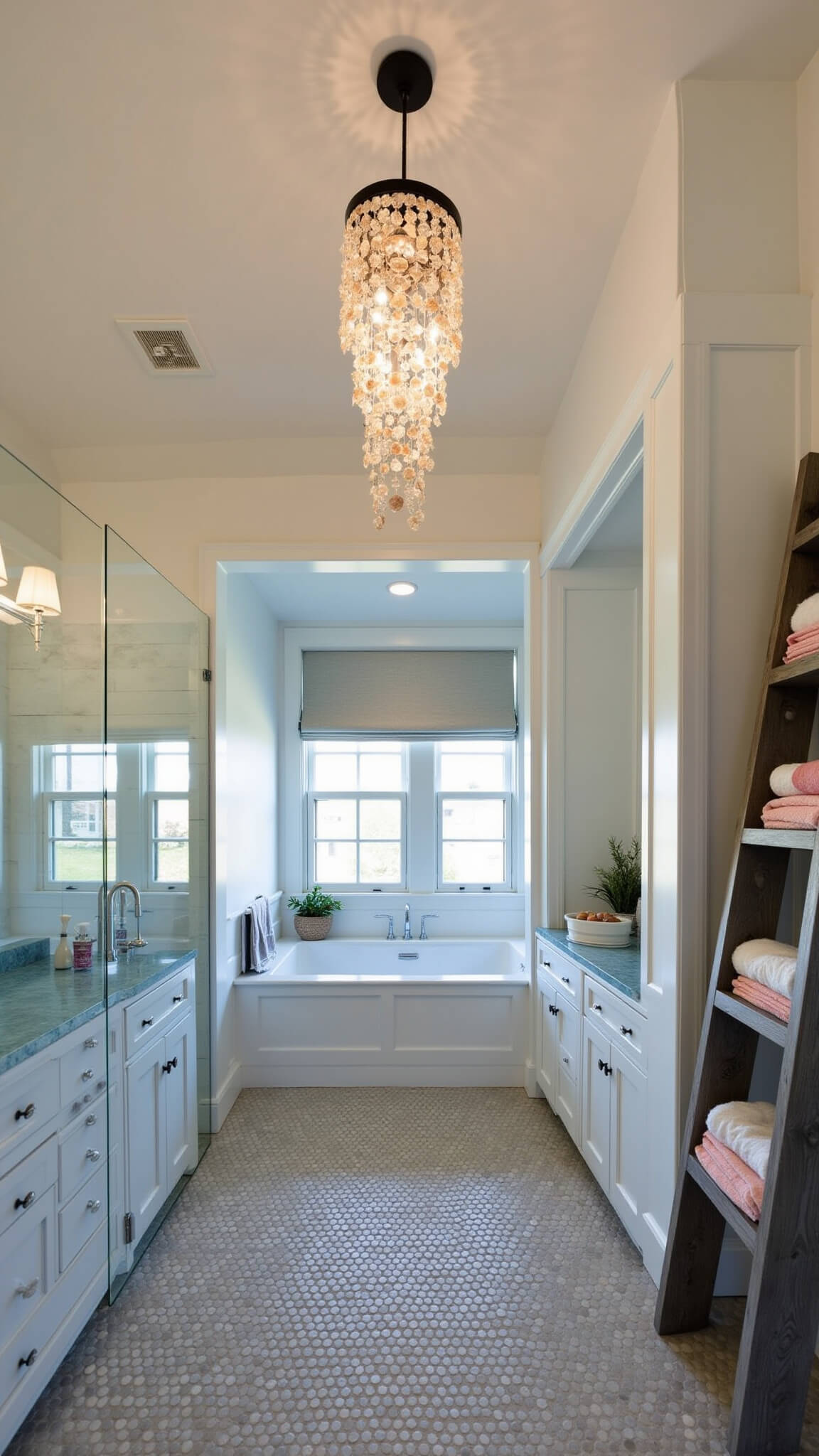 Coastal bathroom at twilight with glass shower, white oak vanity, shell chandelier, bamboo shade, and coral linens on gray ladder.