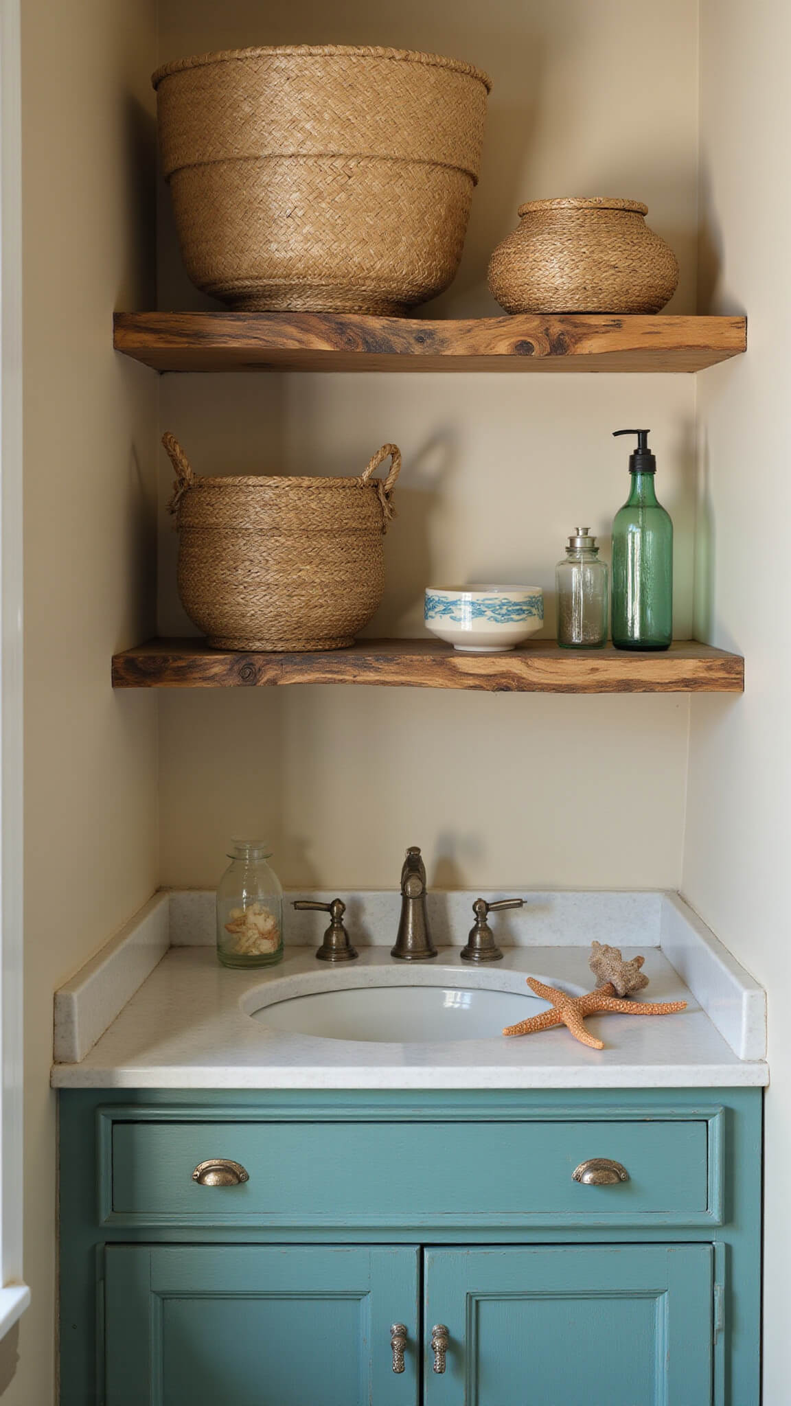 Closeup of distressed teal bathroom cabinet with mother-of-pearl handles, seagrass baskets on raw wood shelves, vintage glass floats in sunlight, ceramic starfish soap dish, sand-colored walls with metallic sheen.