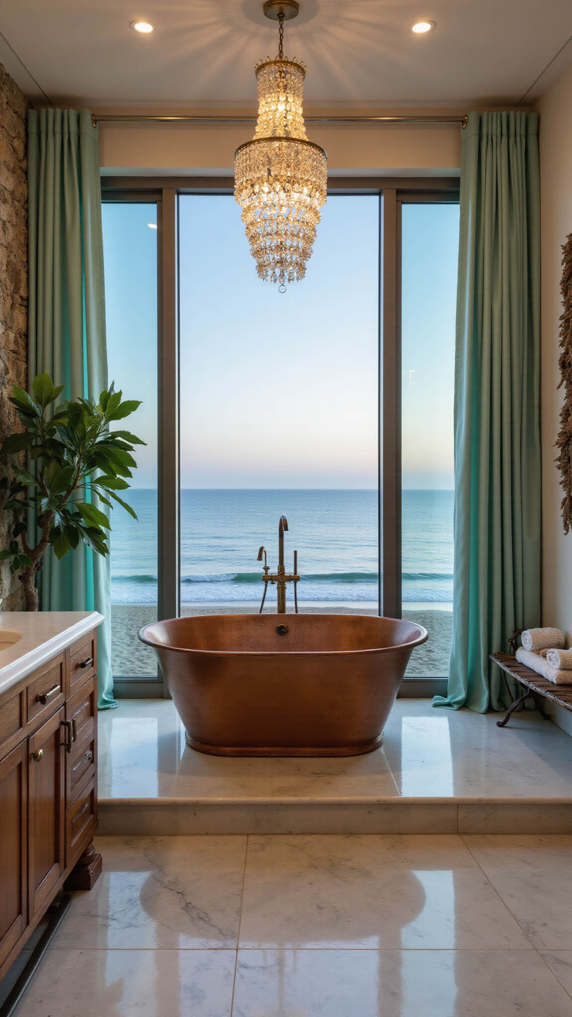 Luxury coastal bathroom at dusk with ocean view, copper soaking tub on marble platform, seafoam silk drapes, crystal chandelier, driftwood mirrors, and fiddle leaf fig.