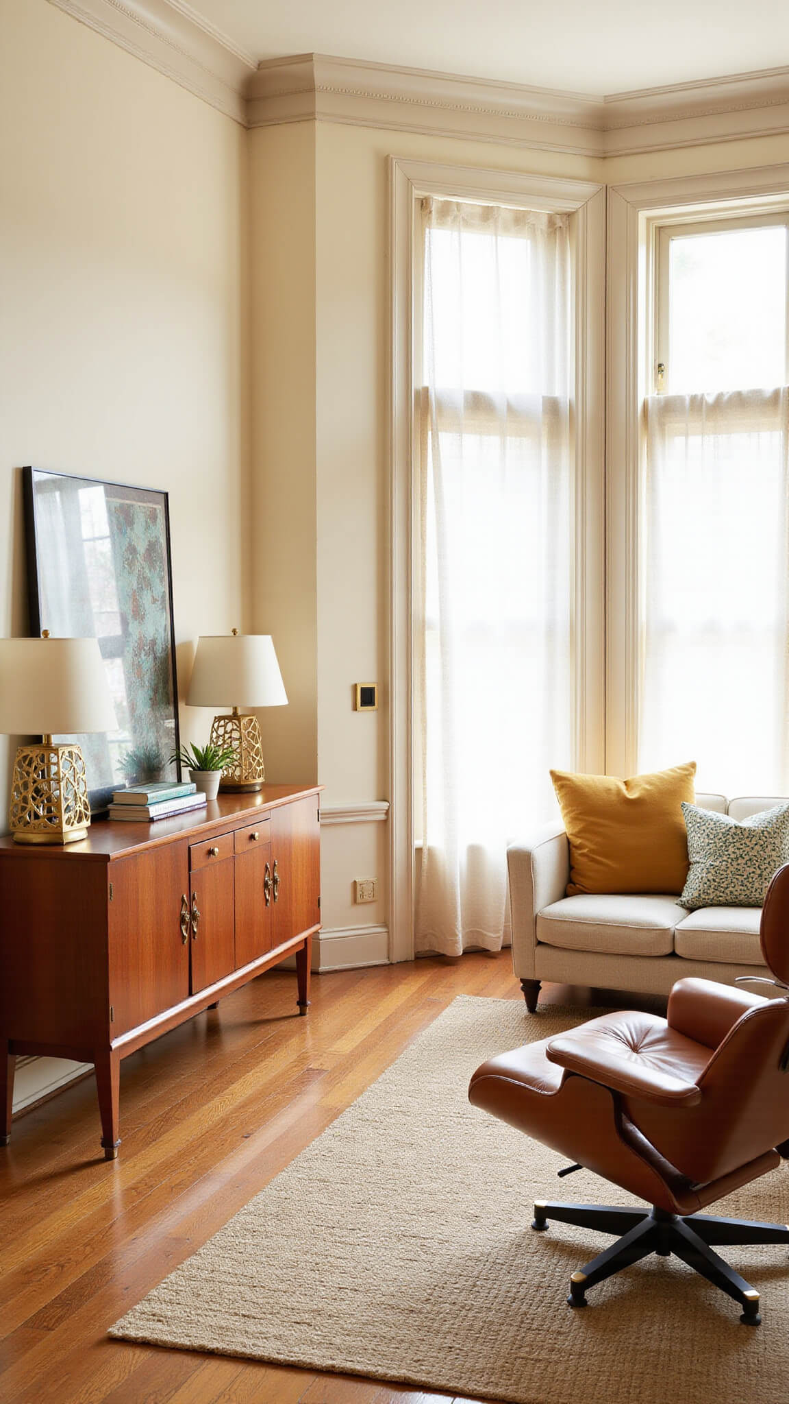 Sunlit mid-century modern living room with high ceilings, featuring a teak sideboard, Eames lounge chair, cream bouclé sofa, Persian rug over sisal, and floor-to-ceiling windows filtering golden hour light.