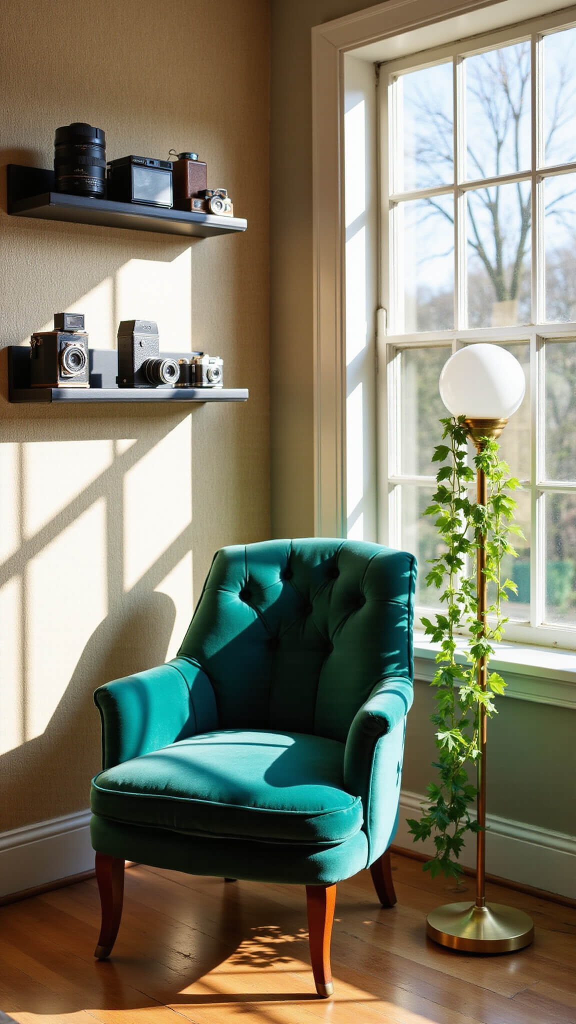 Victorian bay window nook with emerald velvet 1950s chair, brass floor lamp, vintage cameras and ceramics on floating shelves, warm greige grasscloth wallpaper, and trailing pothos plant in soft morning light.