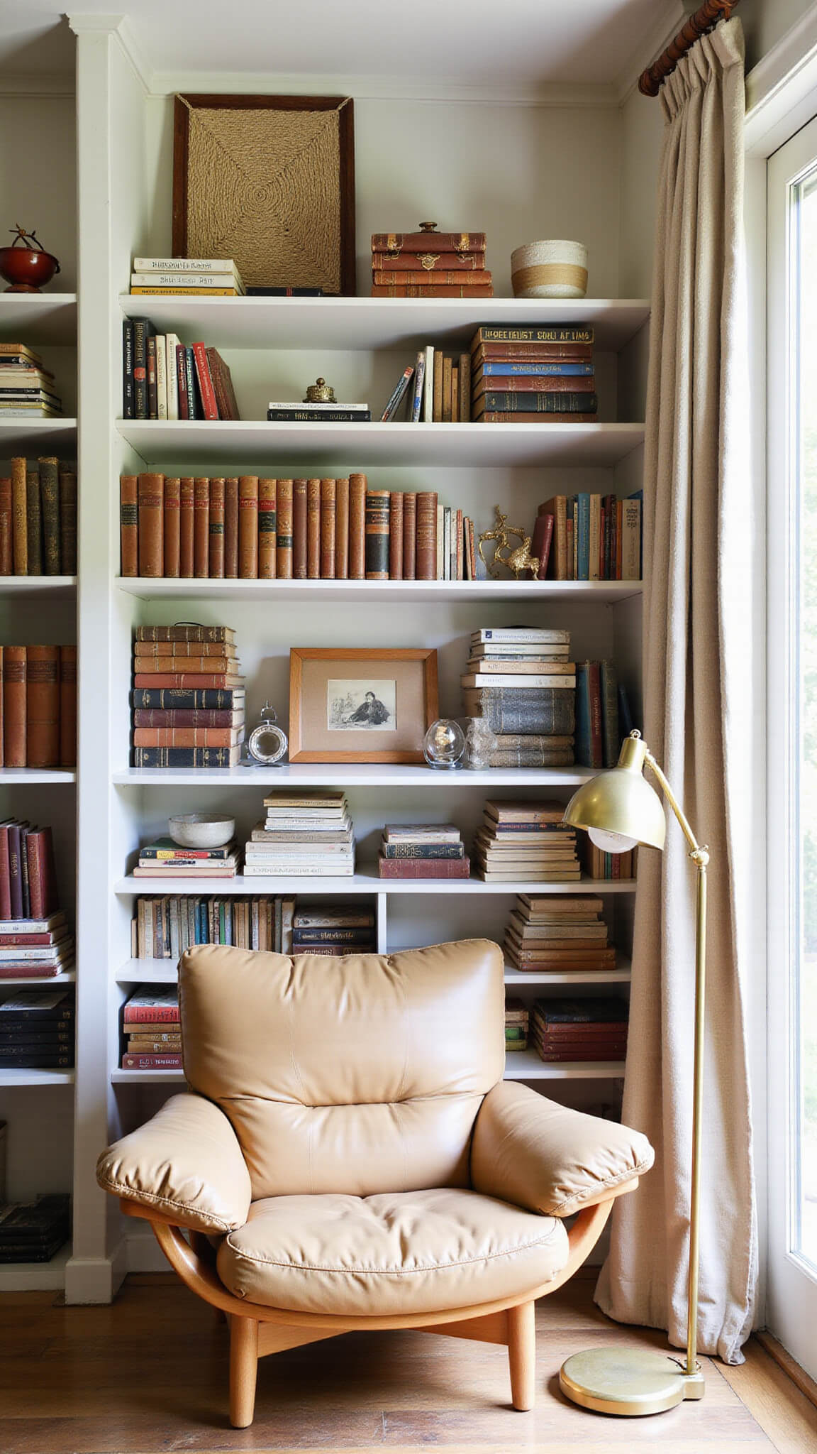 Cozy reading nook with 1960s Wegner Papa Bear chair, brass reading lamp, floor-to-ceiling bookshelf, and handwoven wall hanging, bathed in soft northern light.
