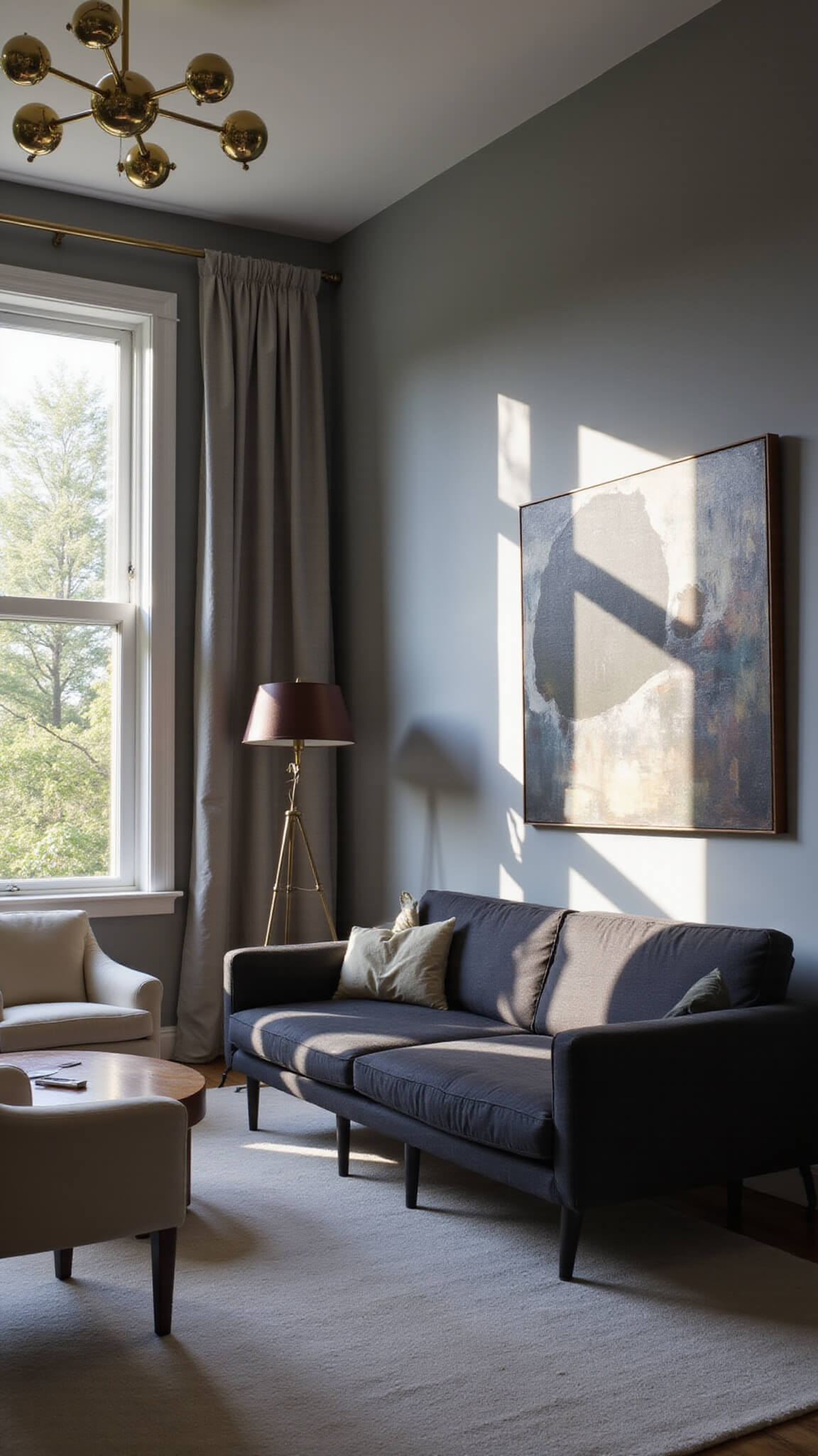Evening room with Sputnik chandelier casting shadows, modern charcoal sectional, pearl velvet barrel chairs, abstract painting, and warm brass and leather accents.